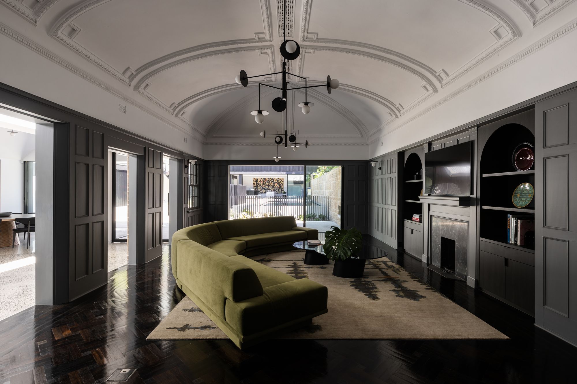 Tongkah by MCK Architects. Interior living room view, featuring ornamental heritage detailed ceilings with contemporary additions. 