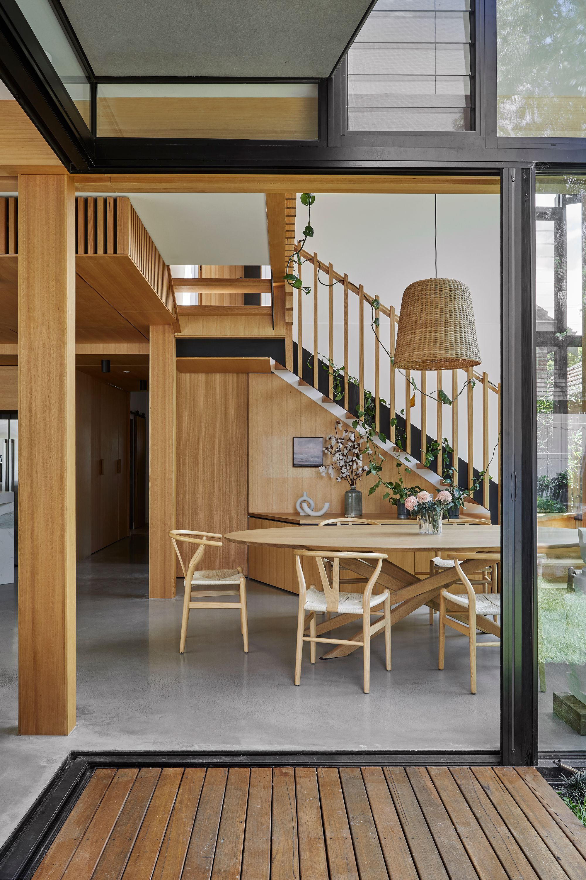 Timber Lantern House by mcmahon and nerlich. View from courtyard into living/dining room area. 