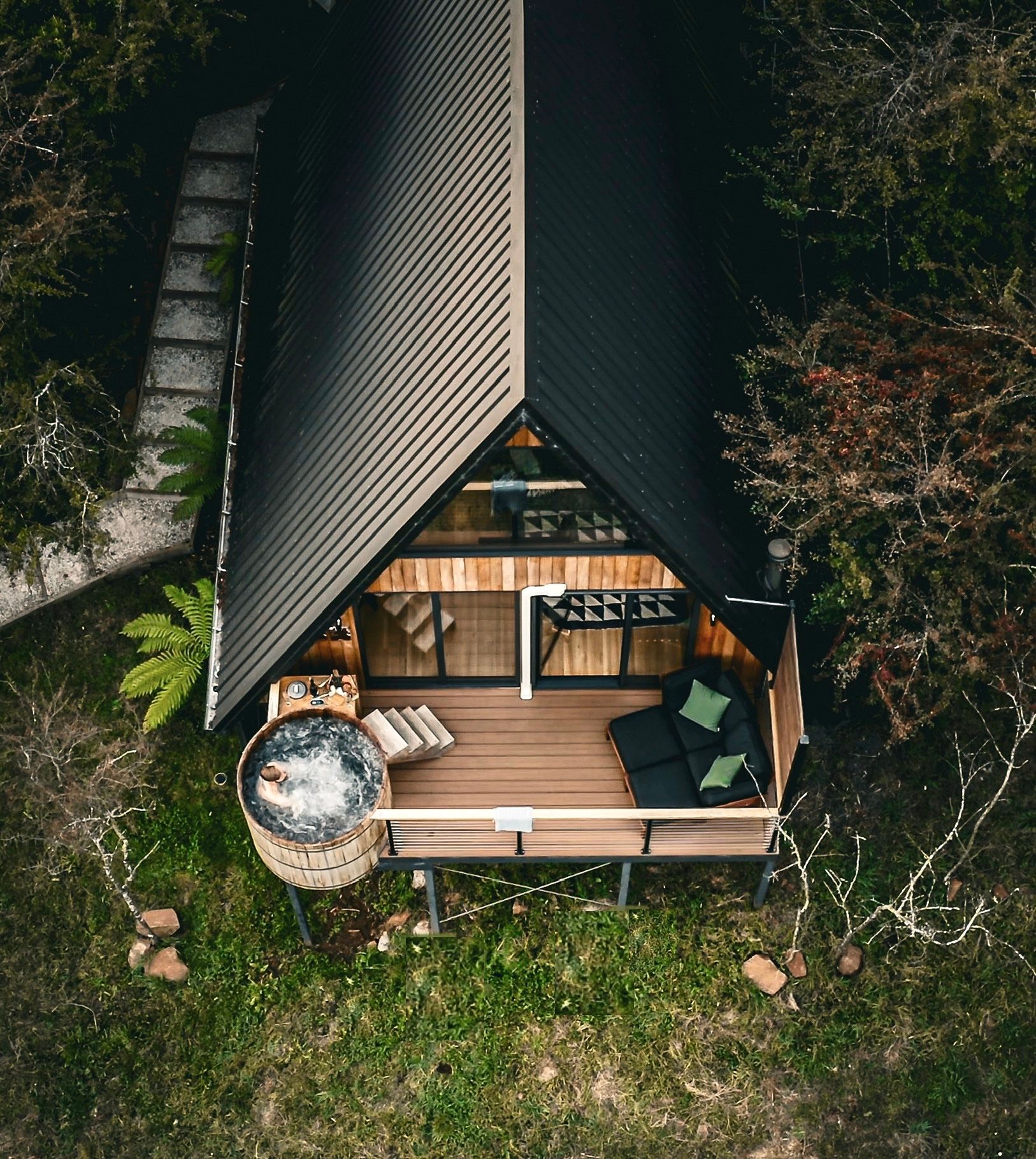 The Eco Cabin Tasmania by Wild Life Environmental. Birds eye view of cabin.