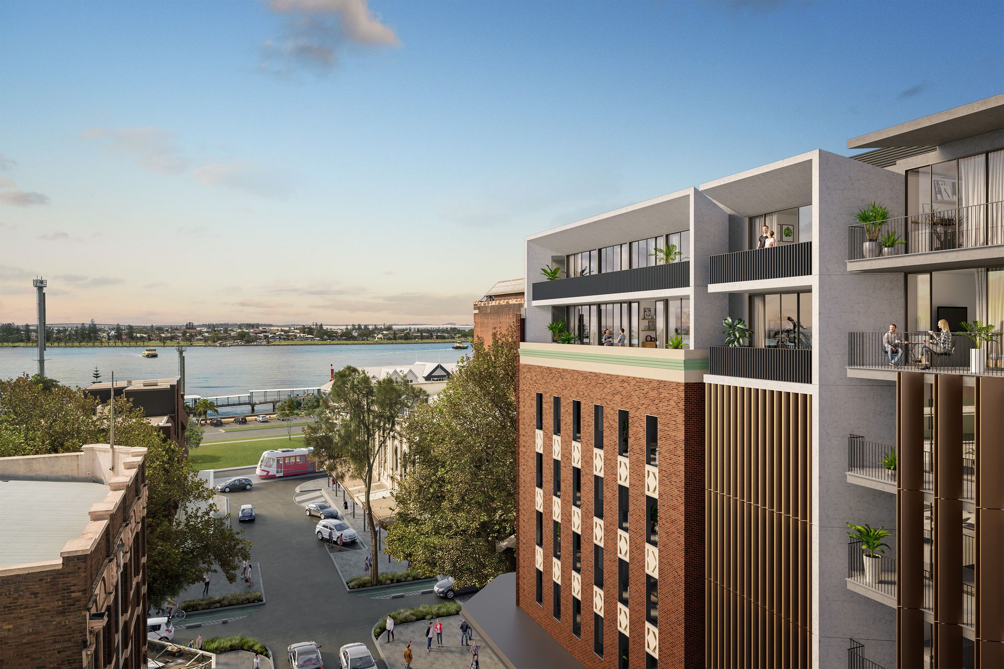 The image showcases a modern multi-story residential building juxtaposed with an older brick structure. The contemporary building boasts balconies with planters and residents enjoying the outdoor space. Large floor-to-ceiling windows are prevalent, allowing ample natural light into the units. A combination of brick, wood-like panels, and concrete finishes gives the structure a blend of modern and industrial aesthetics.