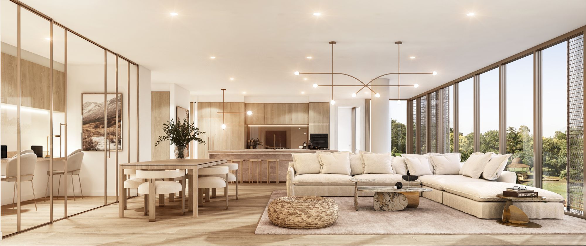 Arbour Park, Surrey Hills by Prime Edition.An expansive and elegantly designed open-plan living space with a dining area. The room is filled with natural light streaming in from floor-to-ceiling windows that offer a view of the outdoors. The interior boasts a modern aesthetic with a large, plush sectional sofa, a unique circular chandelier, and a dining table set for six. The color scheme is neutral, with wood accents and soft beige tones creating a warm and inviting atmosphere.