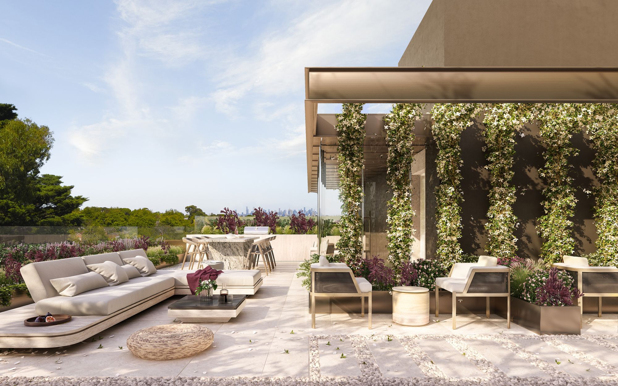 Arbour Park, Surrey Hills by Prime Edition.A luxurious outdoor terrace designed for relaxation and entertainment. It is furnished with comfortable outdoor seating including sofas and armchairs, arranged around a central coffee table. The terrace is adorned with lush plantings and green walls, enhancing the sense of privacy and connection with nature. The space is ideal for enjoying the surrounding landscape views in a tranquil setting.