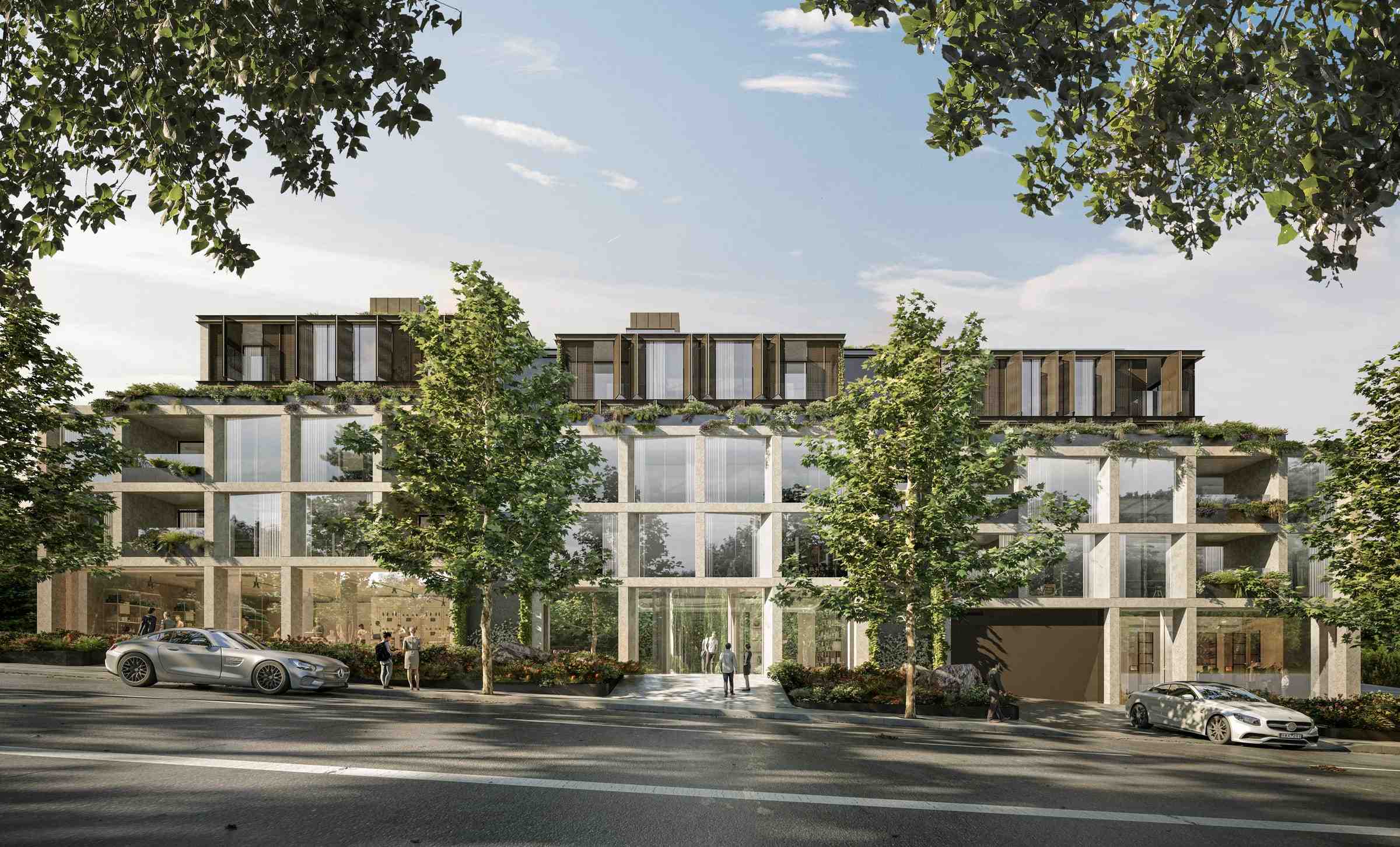 Arbour Park, Surrey Hills by Prime Edition.Exterior view of a contemporary multi-story residential building with a facade featuring glass balconies and large windows, surrounded by mature trees. The building has a clean, modern design with a mix of materials, including what appears to be concrete and wood paneling, reflecting a luxurious lifestyle.