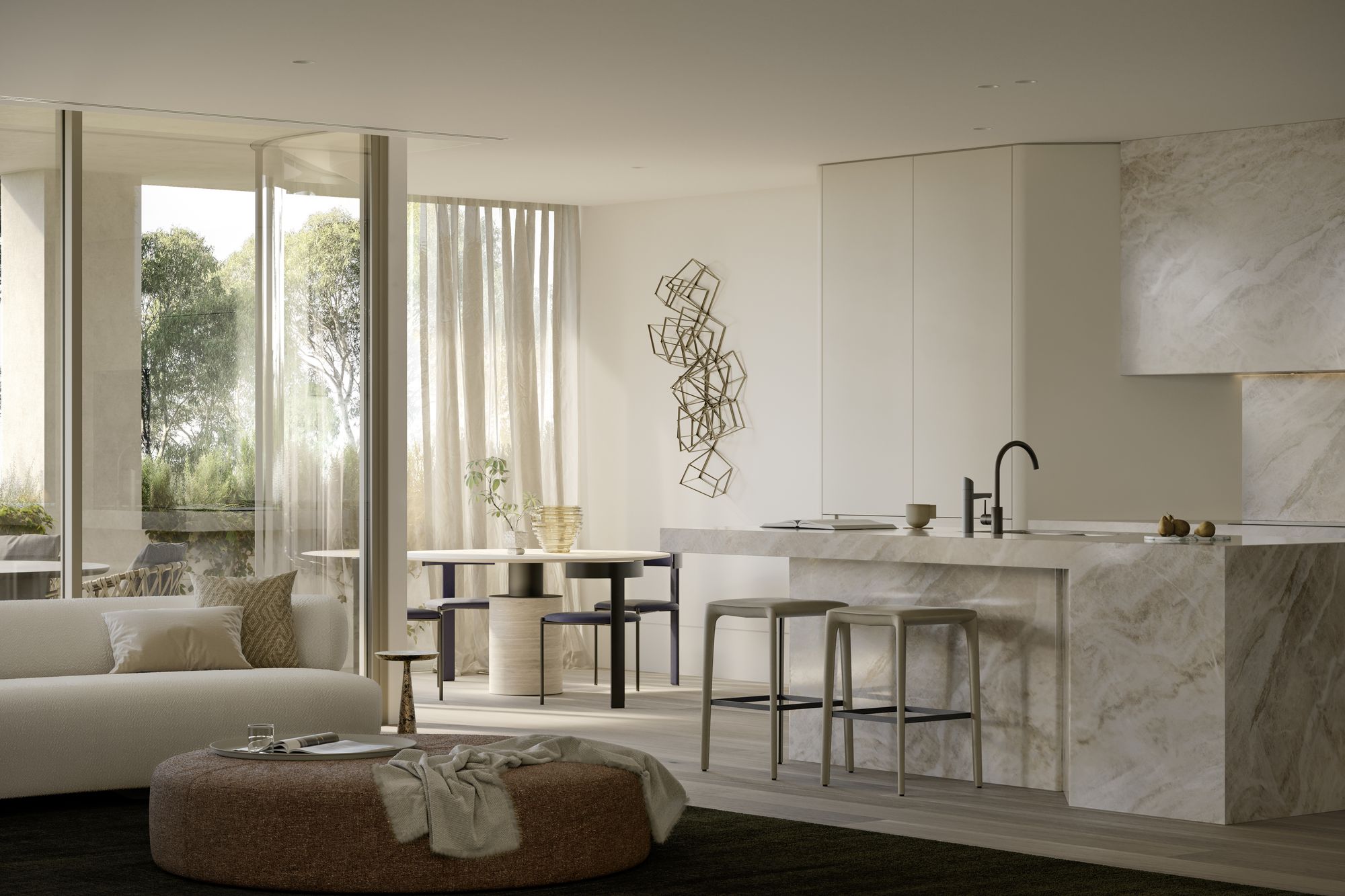 Como, Toorak by Prime Edition. interior view showing a combined living and dining space with modern furniture and a large kitchen island. The design is elegant, with a marble finish on the surfaces and light, neutral tones throughout. The area is bathed in natural light from the windows, creating a bright and airy feel. A piece of abstract wall art adds a touch of sophistication to the space.