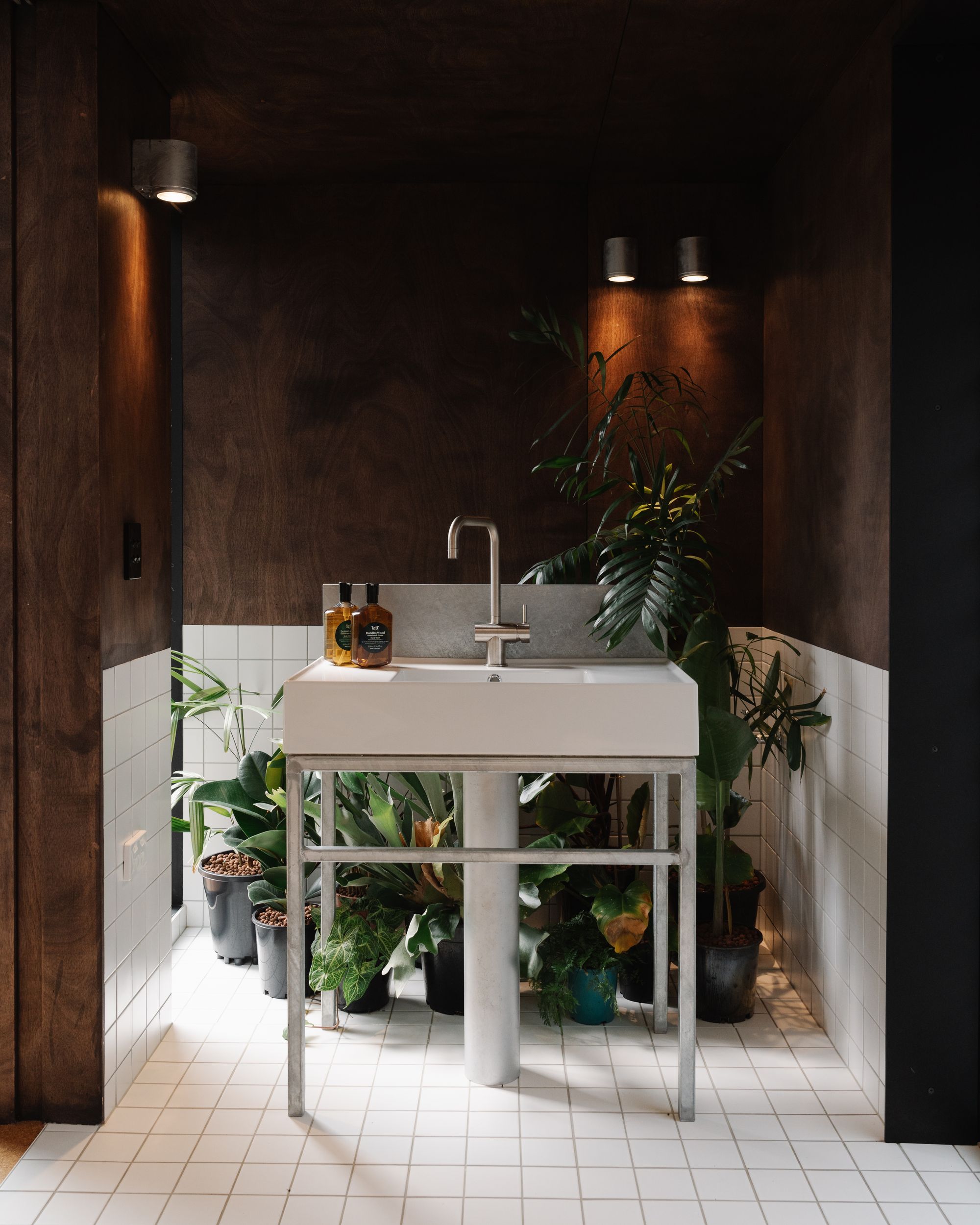 An interior view of the basin at DEN PLACE showing the basin surrounded by indoor plants