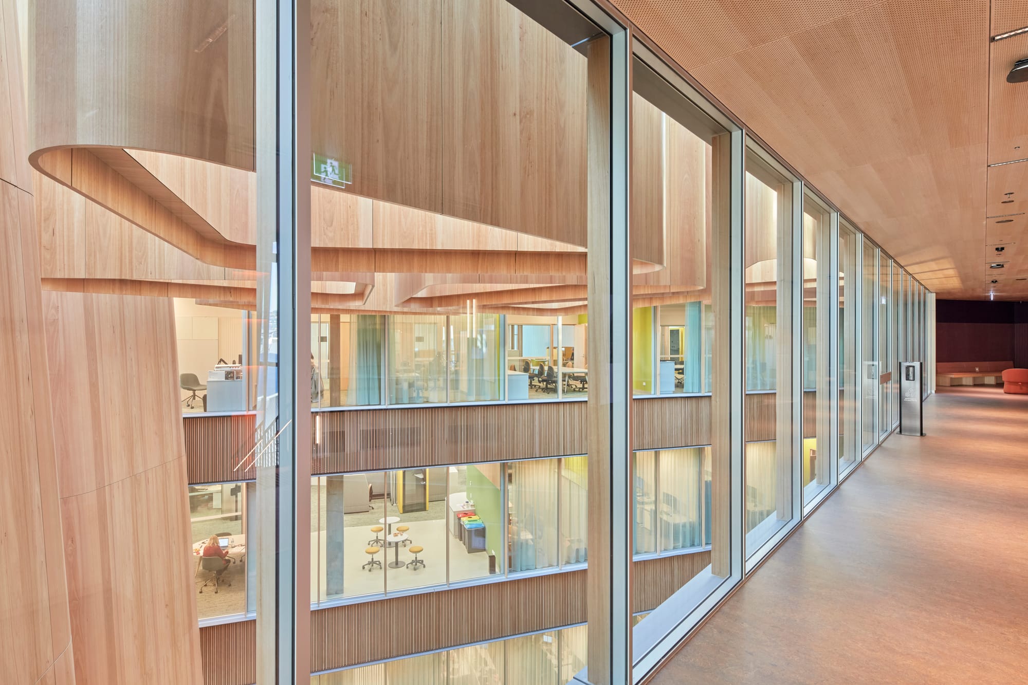 Tasmanian Timber: River's Edge. Photography: Dave Groves.A view inside a modern glass enclosure within a building, revealing a display of various items. The enclosure is framed with light wood, complementing the wooden floor, and offers visibility from multiple angles. This setup appears to function as an exhibition or showcase space, designed to integrate seamlessly with the surrounding interior architecture.