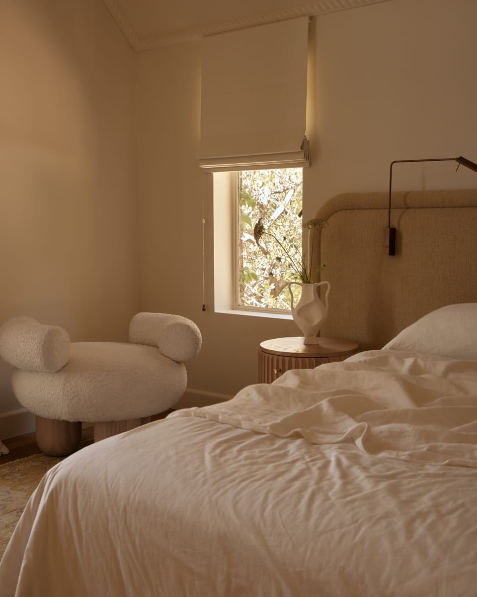 Showing the Underline Bedside Table by Hegi Design House styled in a bedroom