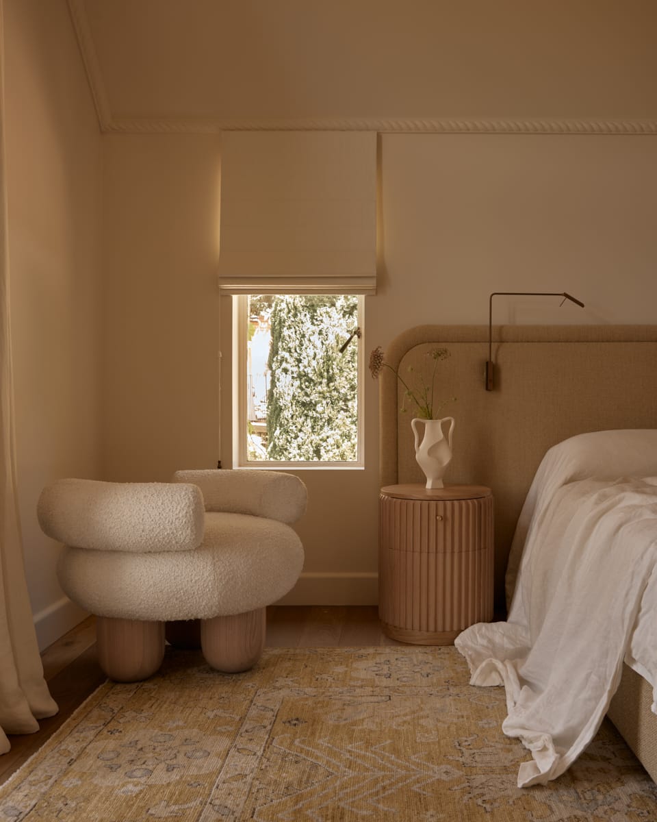 Showing the Underline Bedside Table by Hegi Design House styled in a moody bedroom