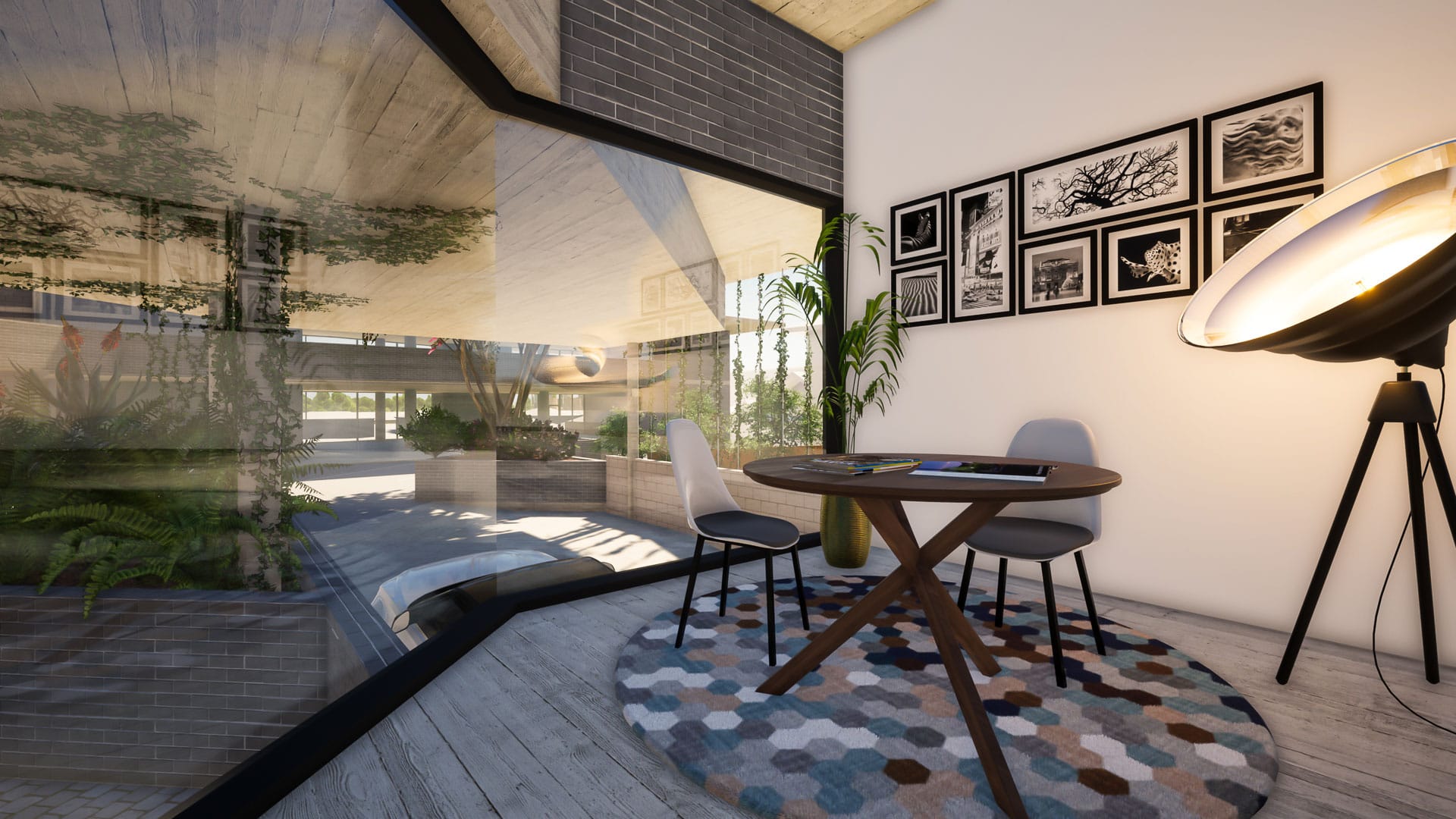 Engorra Gallery by 77 Architecture. Copyright of 77 Architecture. Interior of commercial premise. Meeting table and two chairs in room with floor-to-ceiling windows.