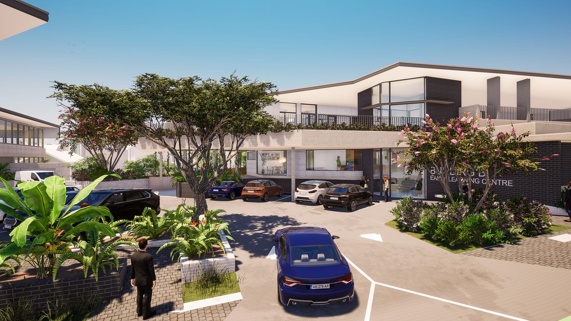 Engorra Mixed Use by 77 Architecture. Copyright of 77 Architecture. Render of mixed-use premise with carpark in centre. Blue car in foreground. Trees planted throughout. 