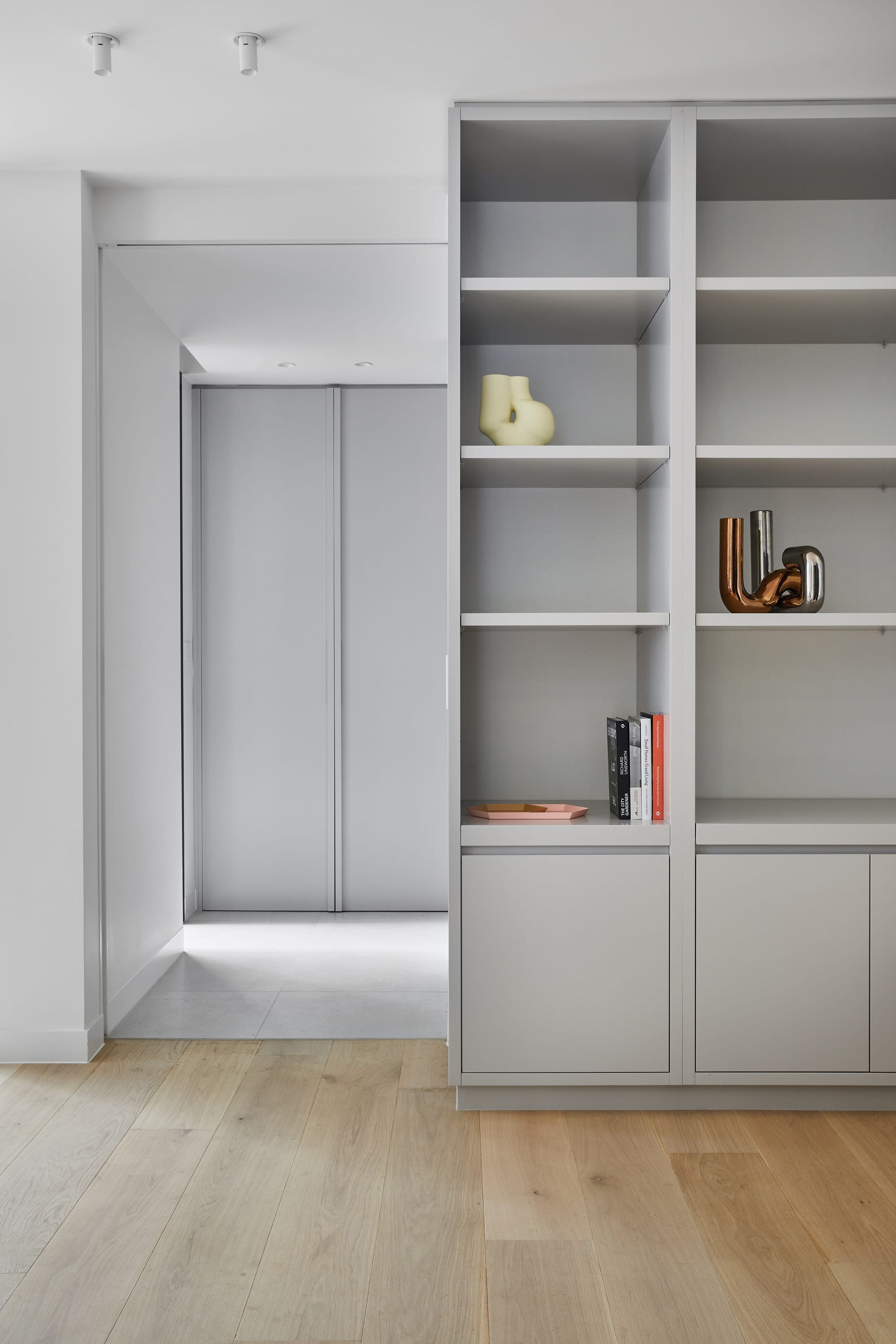 The Full Monty by FYC Architects. Photography by Stephanie Rooney. Muted grey cabinetry and storage. Pale timber floors. 