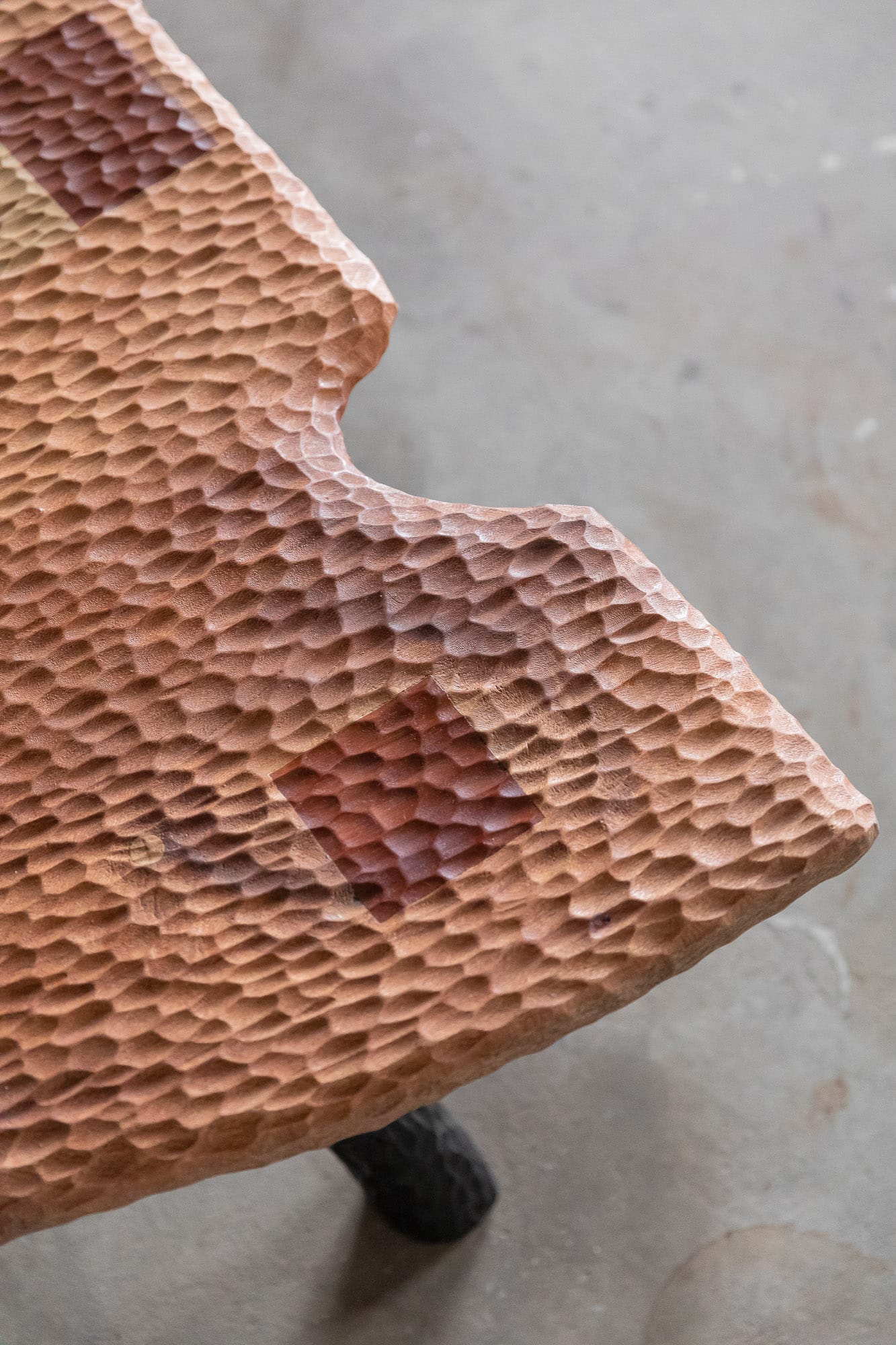 A detail shot of the The Long Benson Bench by Two Blue Boys Furniture showing the textured finish of the timber seat