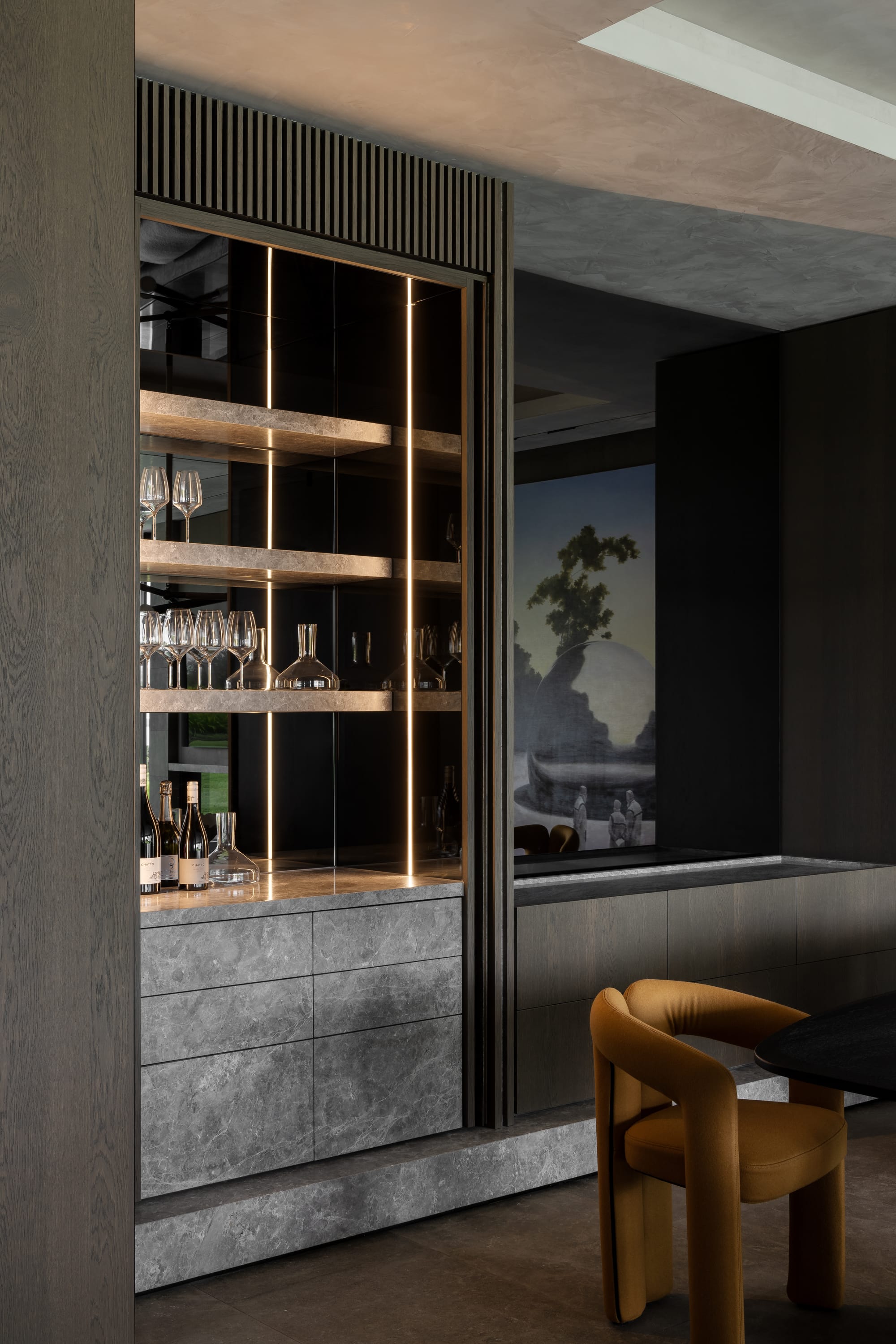 Cliff House by Finnis Architects. Photography by Timothy Kaye. Integrated bar with stone and timber cabinetry. 