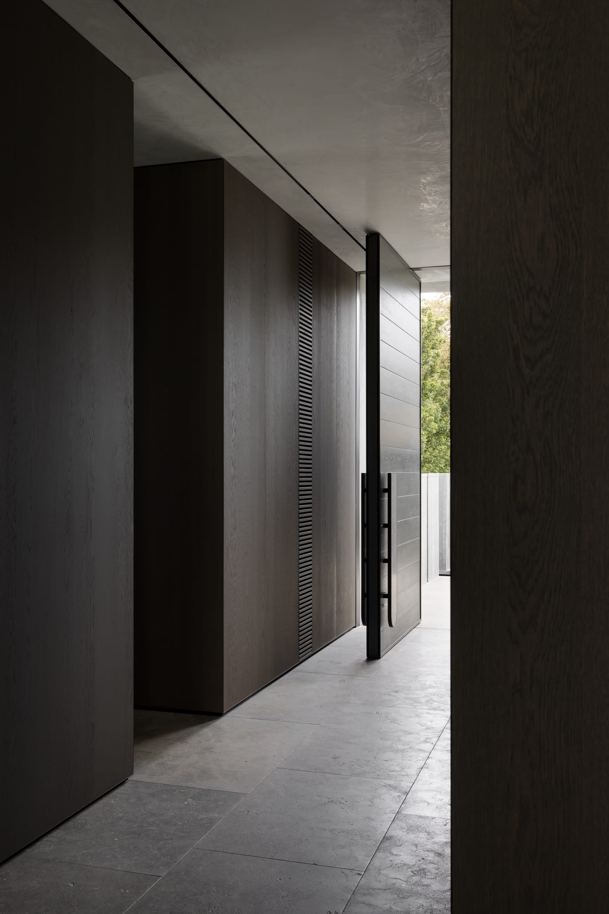 An interior shot from the hallway showing the large pivot front door and custom door handle