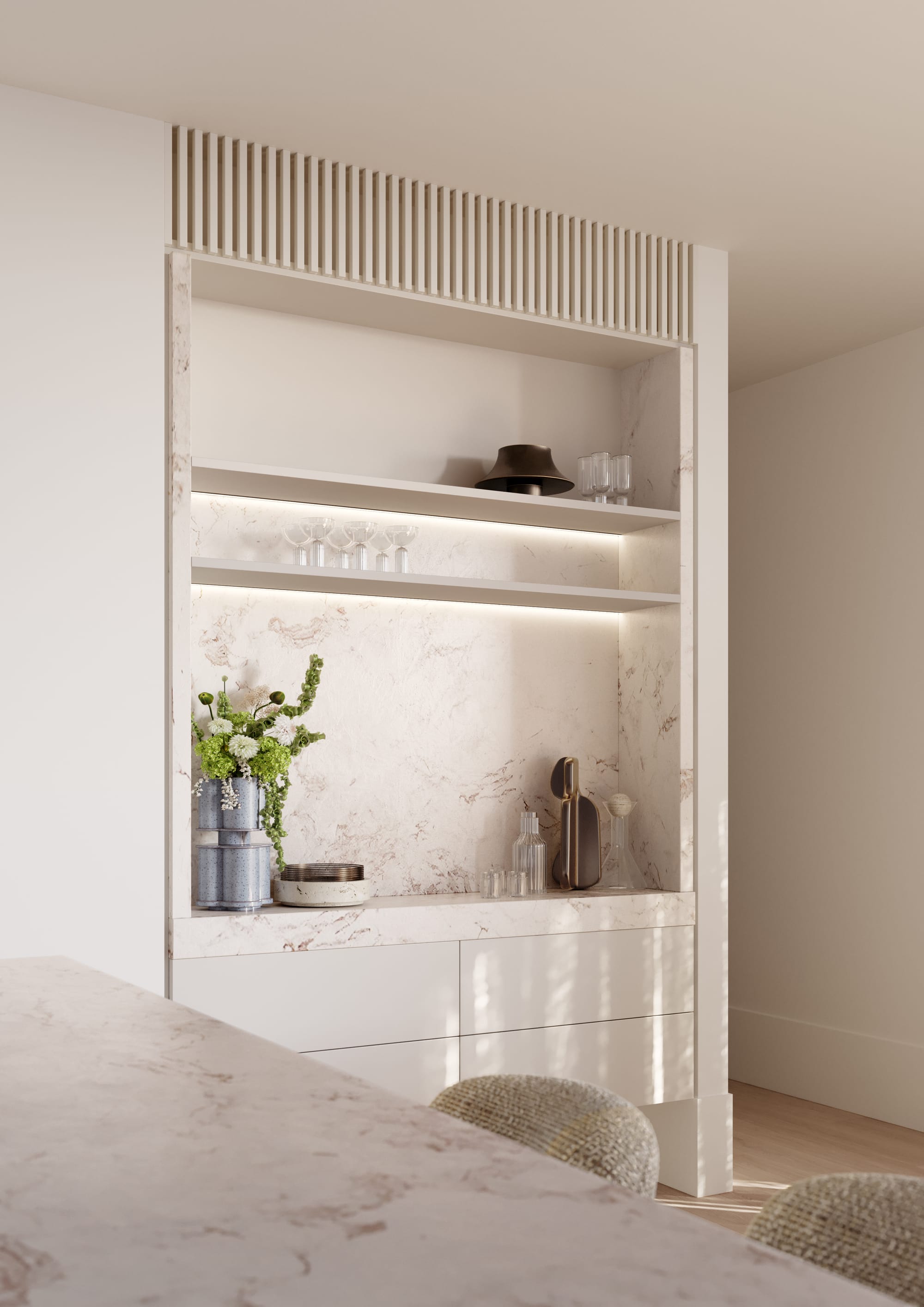 Sculpt Hawthorn by Mim Design, Parallel Workshop and Jack Merlo. Render copyright of Studio Piper. Integrated white and marble bar. White drawers and shelves, marble countertop and splashback. 