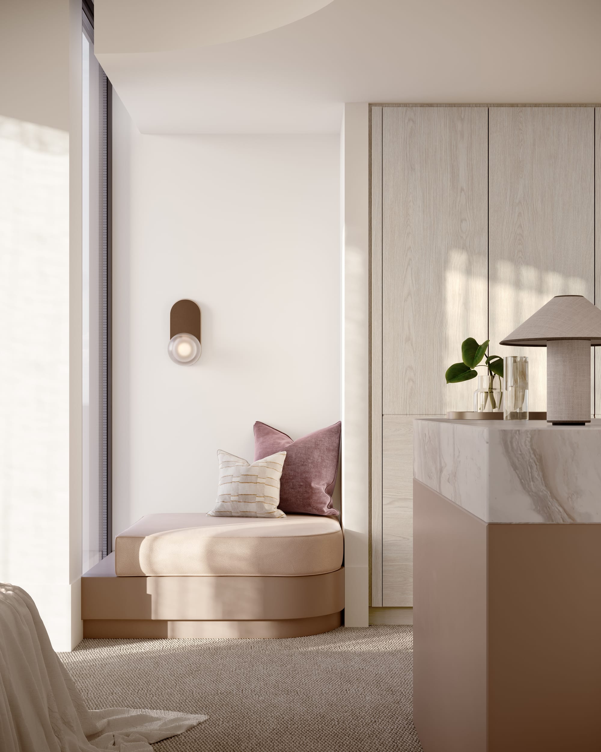 Sculpt Hawthorn by Mim Design, Parallel Workshop and Jack Merlo. Render copyright of Studio Piper. Integrated window seat with beige and rose cushions. Thick pile carpet.. 
