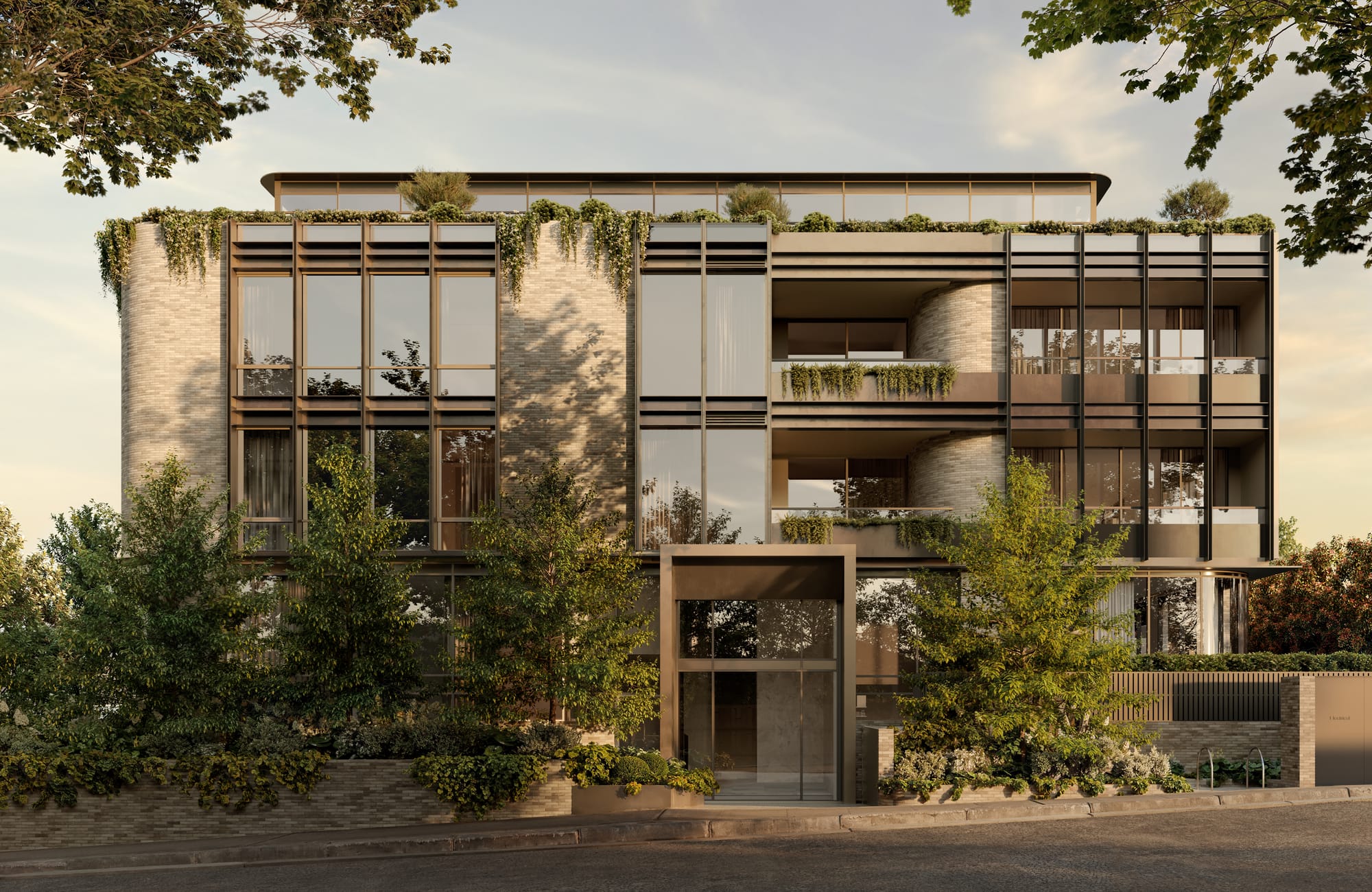 Sculpt Hawthorn by Mim Design, Parallel Workshop and Jack Merlo. Render copyright of Studio Piper. Streetview facade of apartment complex constructed of light brick, brass accents and reflective floor-to-ceiling windows. Plants cascade from rooftop and grow from garden beds at base of building. 
