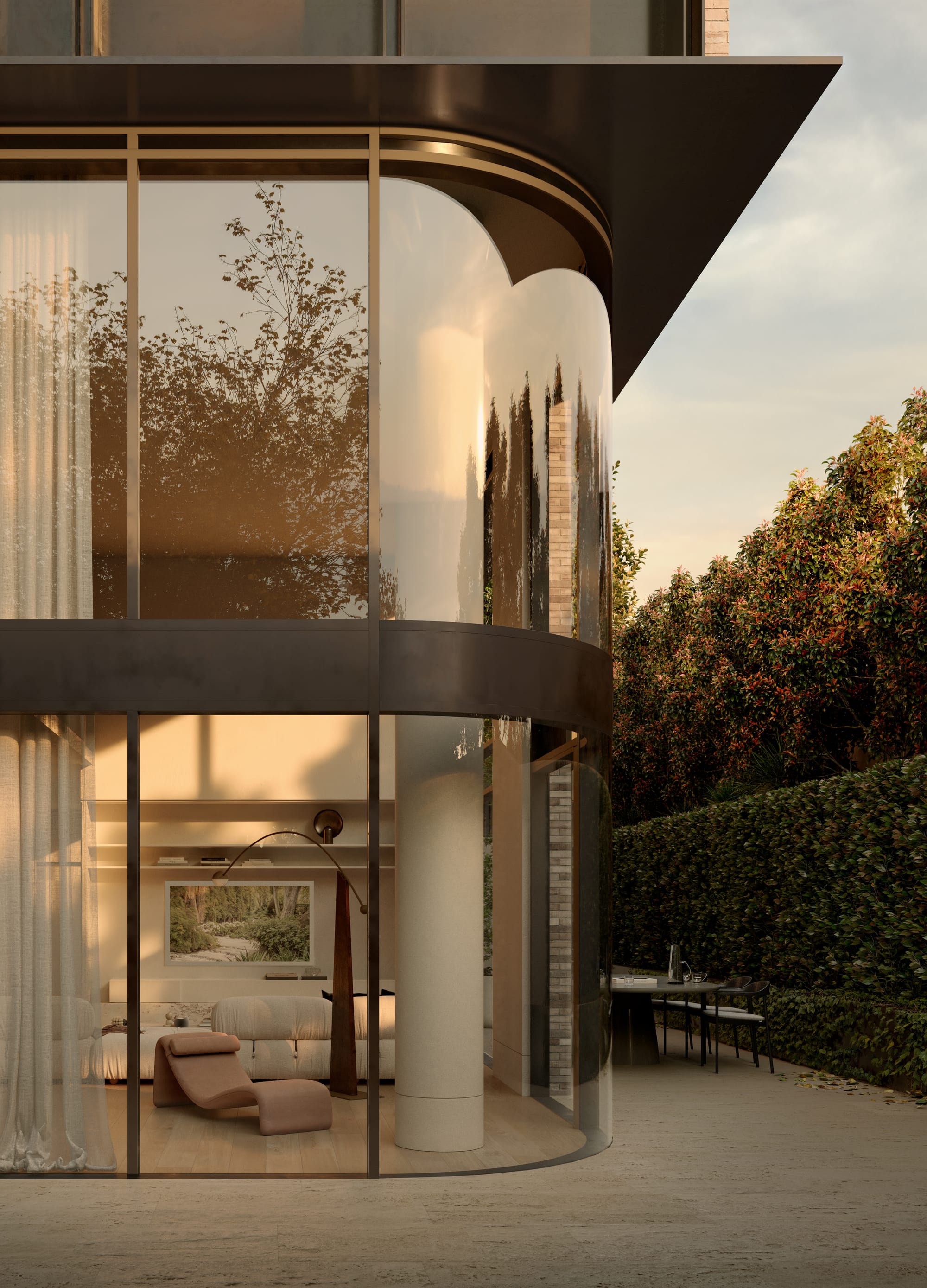 Sculpt Hawthorn by Mim Design, Parallel Workshop and Jack Merlo. Render copyright of Studio Piper. Exterior facade looking into living space through floor-to-ceiling windows. Hedge runs length of building on right side. Reflective window on second storey. 