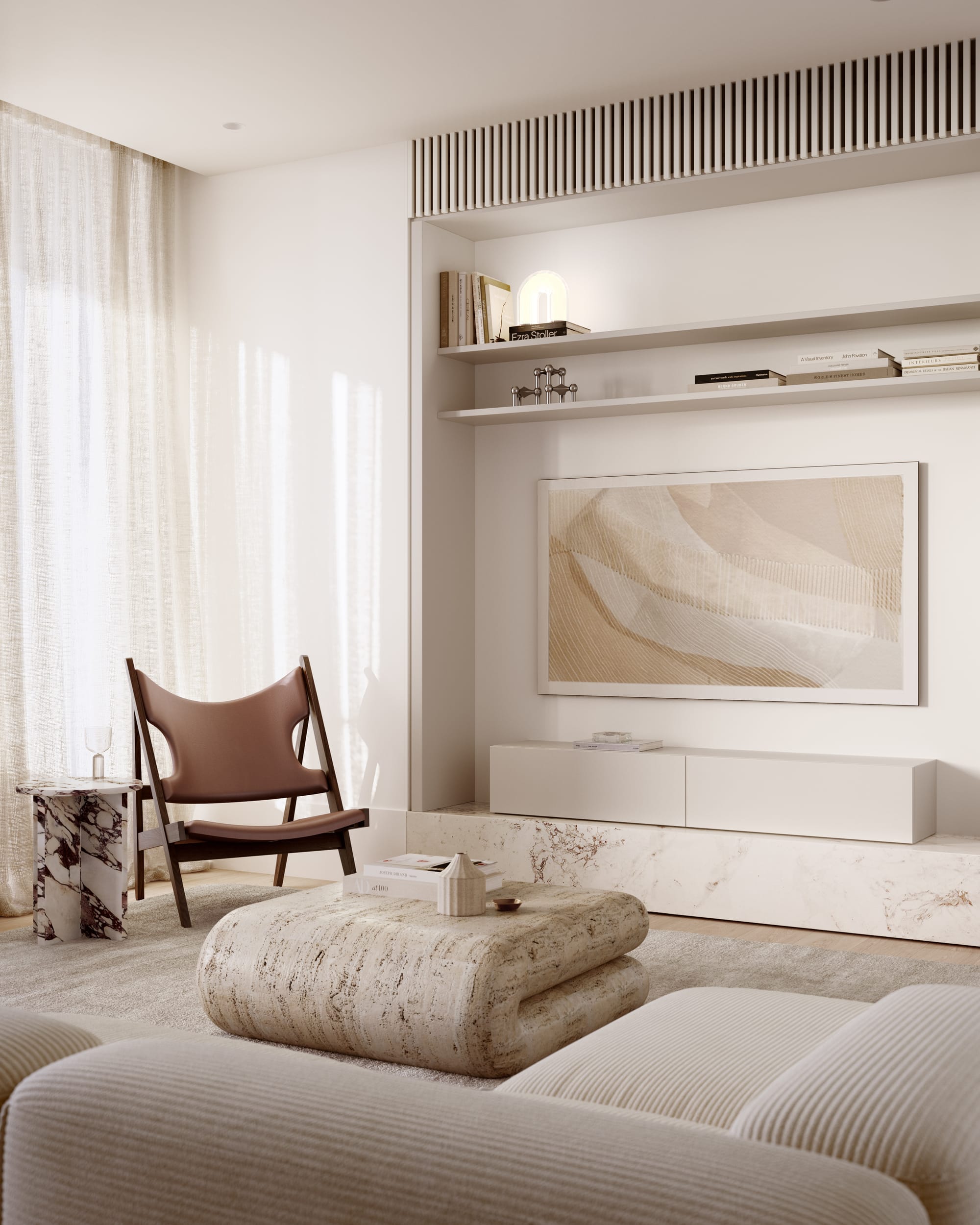 Sculpt Hawthorn by Mim Design, Parallel Workshop and Jack Merlo. Render copyright of Studio Piper. Living space with white walls, stone coffee table and white couch. Red leather timber armchair. 