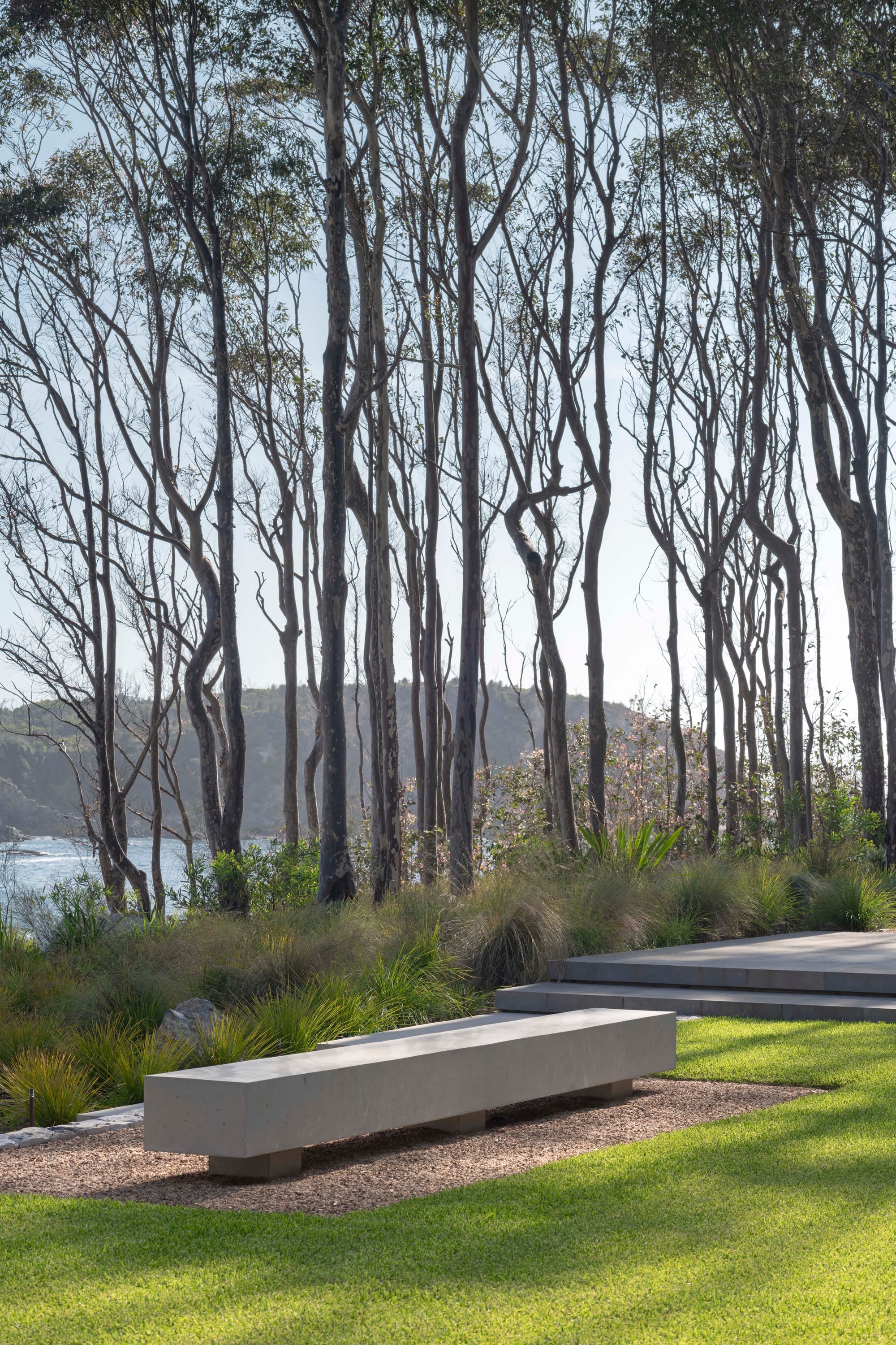 Bracken by Secret Gardens. Photography by Nicholas Watt. Concrete bench overlooking native Australian plant life and coastline. Sitting on green grass.