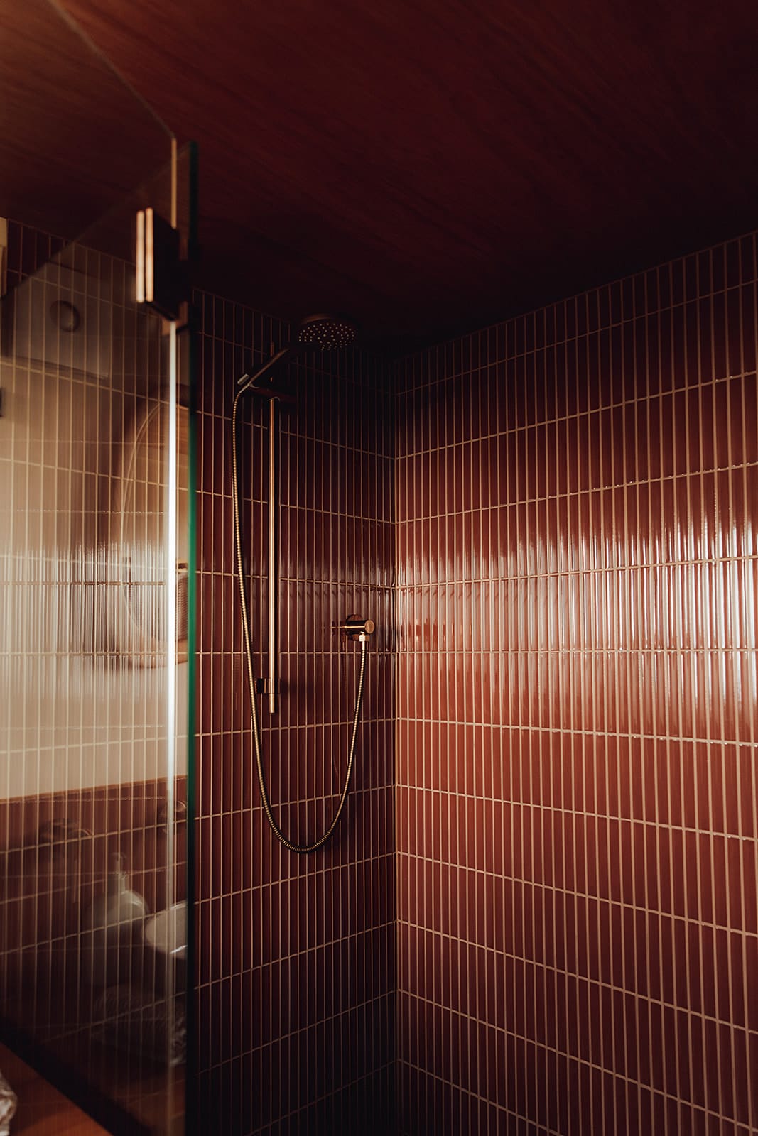 Candlebark Ridge. Copyright of Candlebark Ridge. Maroon finger tiled shower with glass screen door and dark timber roof. 