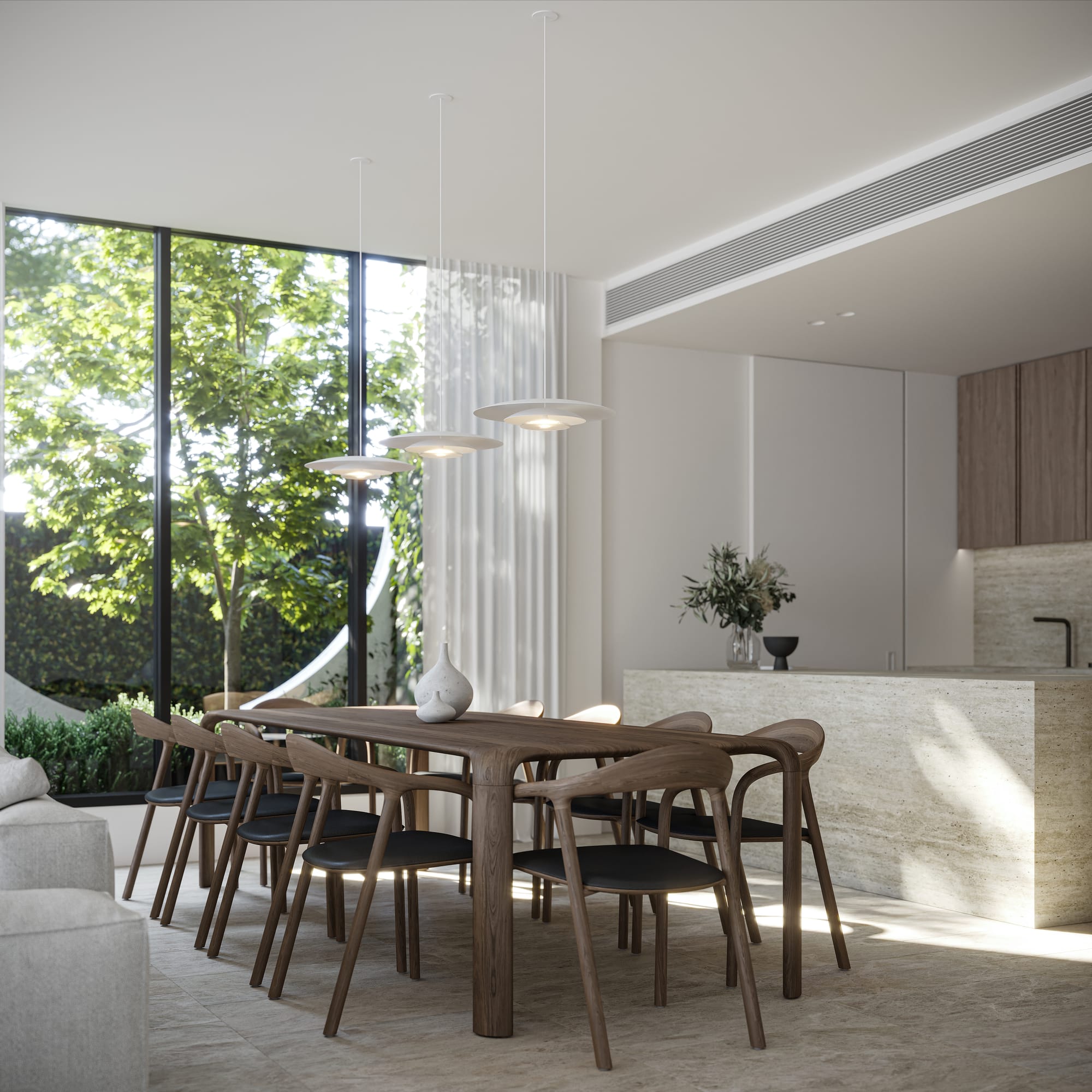 Coral Duo Dome Pendant Light by SOKTAS. Copyright of SOKTAS. Timber dining table with three matching white pendants hanging above. Windows overlook lush garden. 