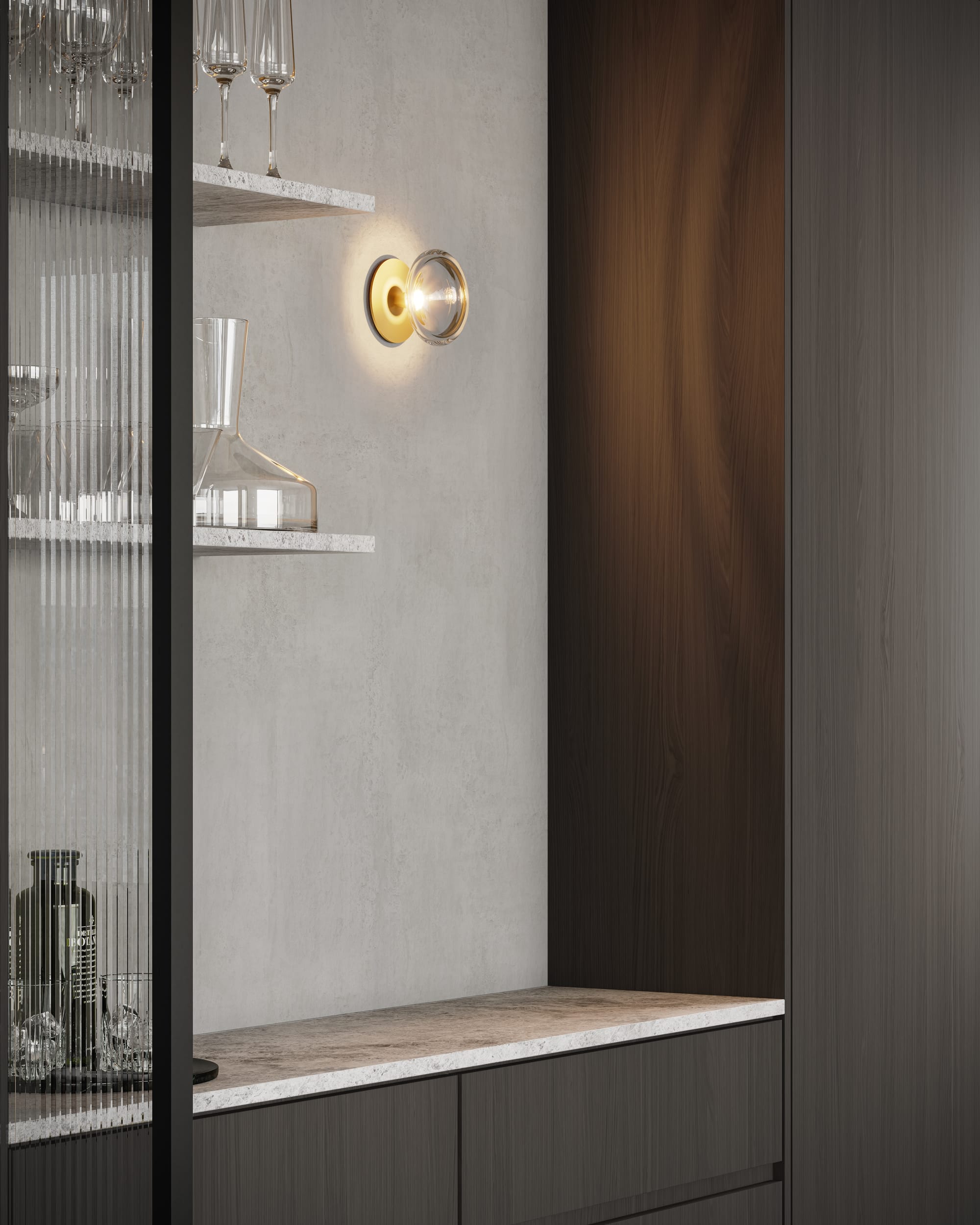 Sonn Wall Light by SOKTAS. Copyright of SOKTAS. Gold and glass wall sconce hung above timber bar. 