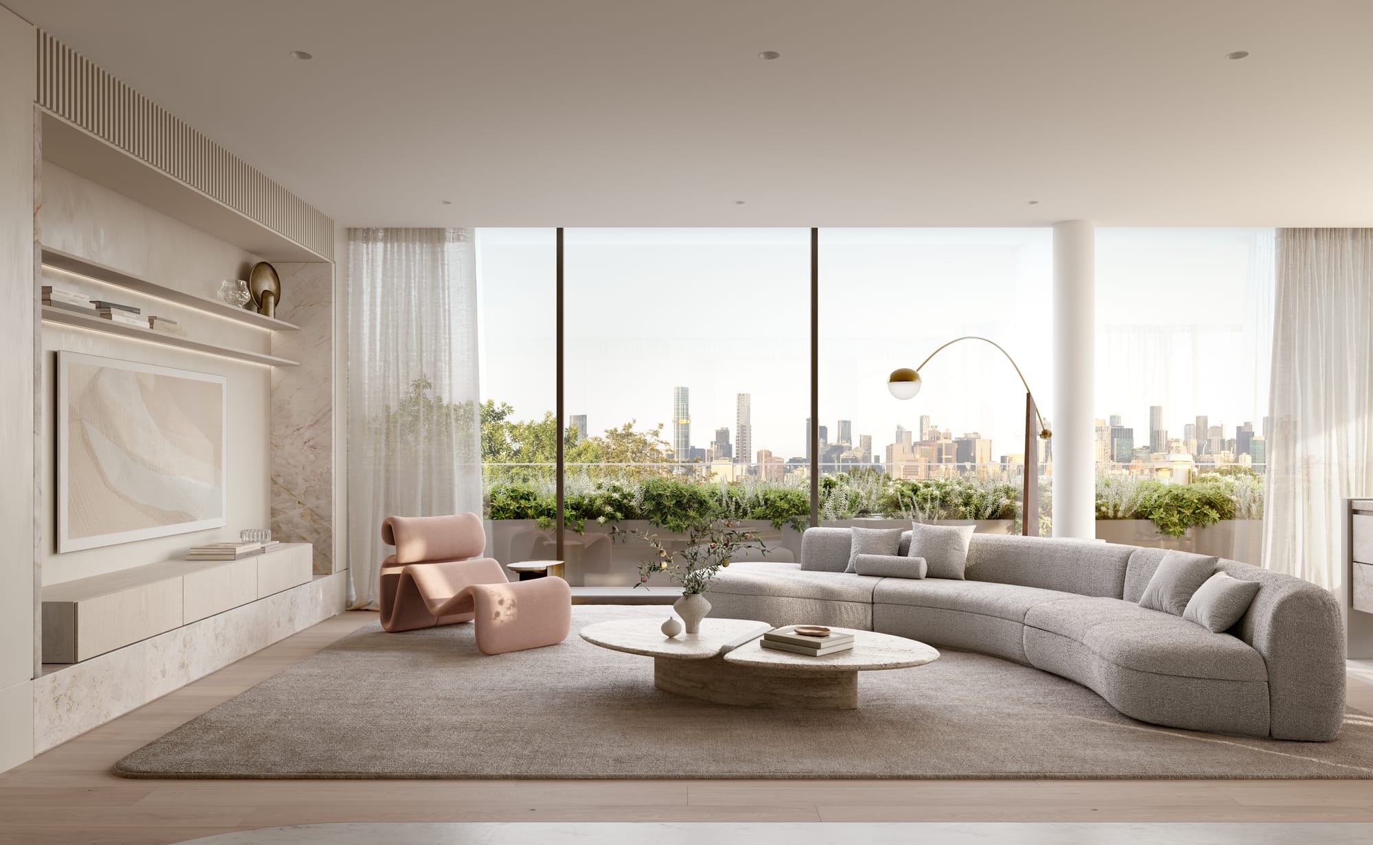 Sculpt Hawthorn by Mim Design, Parallel Workshop and Jack Merlo. Render by Studio Piper. Dining and kitchen with city views.