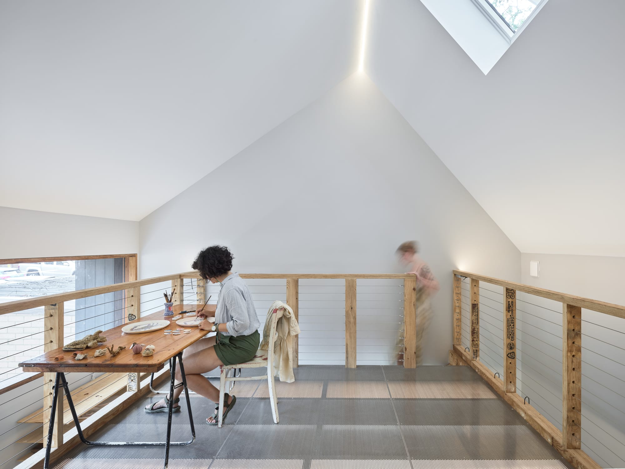 Coconut Crab by Alexander Symes Architect. Photography by Barton Taylor Photography. Loft with perforated flooring and timber and wide balustrade fencing. Timber work desk and vaulted ceilings.