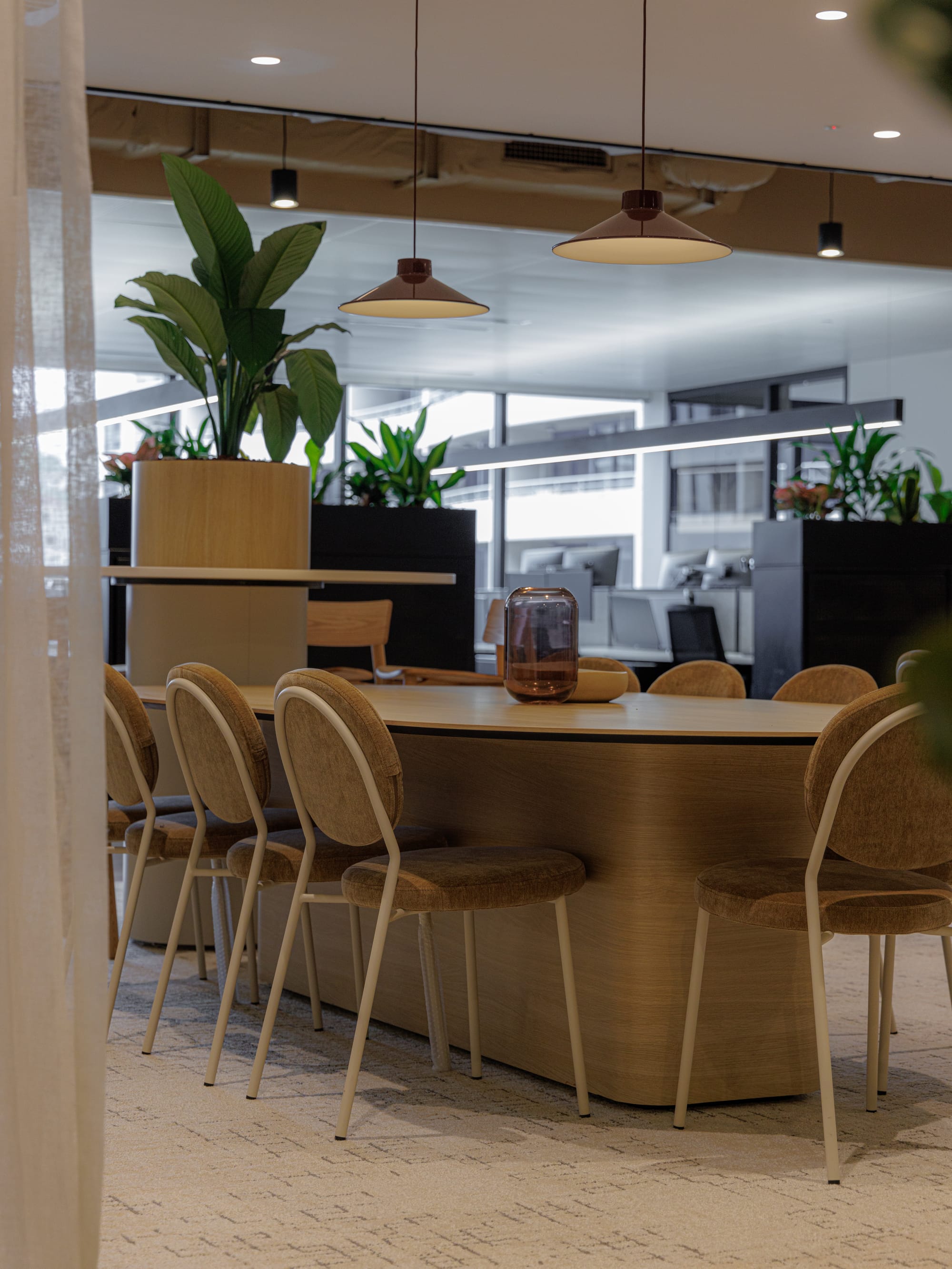 St Leonards Centuria Office Fit-Out by Alinea. Customised, wooden office meeting table featuring integrated greening and chairs.