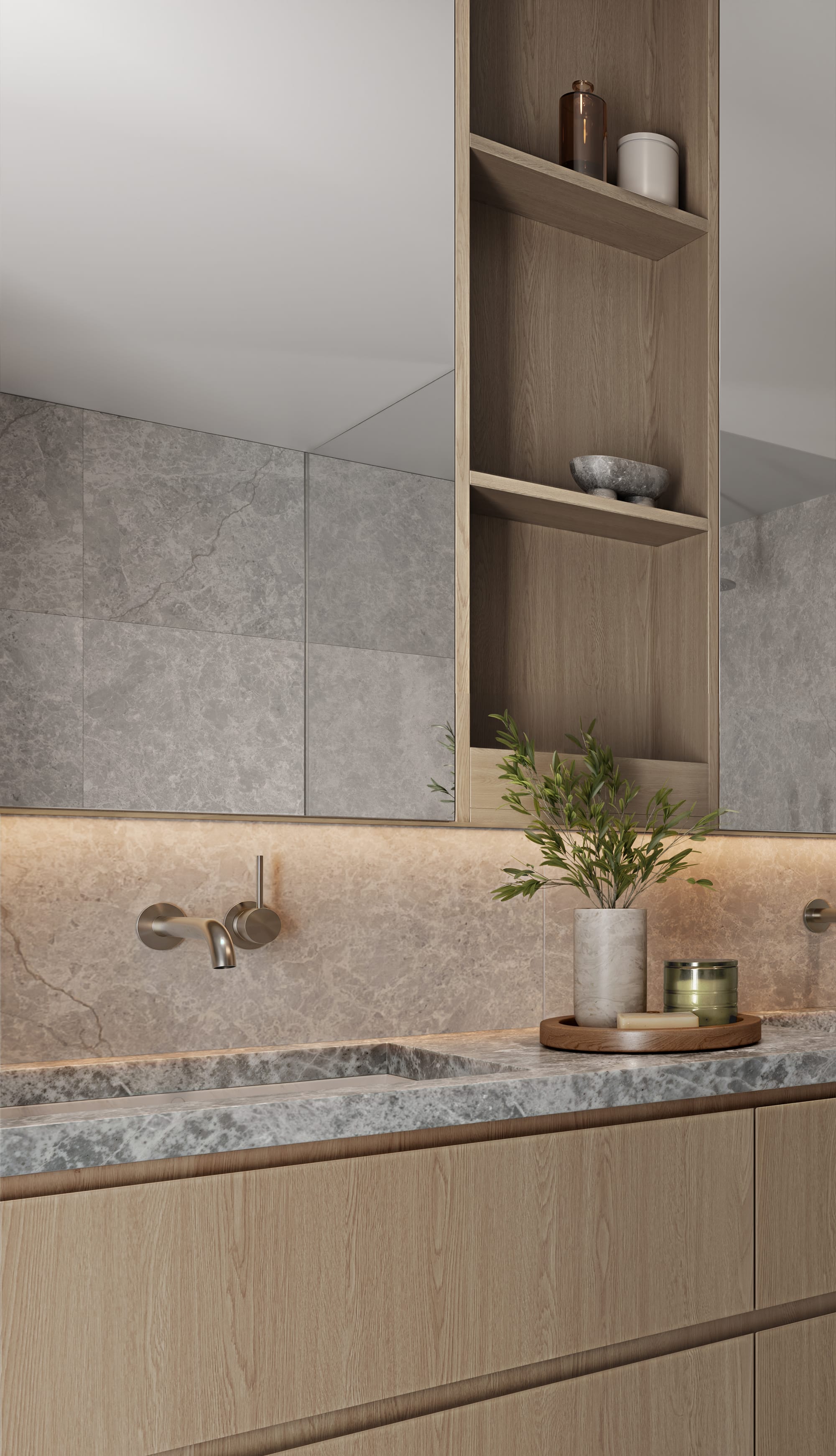 33 Queens Parade by Prime Edition. Bathroom detail featuring wooden cabinet and grey marble top, mirrors and fitted shelving.