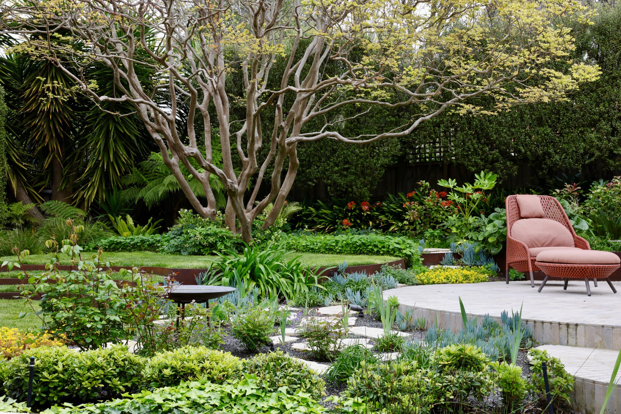 Glen Iris by Julie Crowe Landscape Design x Cosh Living. Photography by&nbsp;Eloise Sim. Red outdoor armchair and ottoman on foreground on the right, with expansive and tiered garden in background, including grassed steps, structured garden beds and large bare tree. 