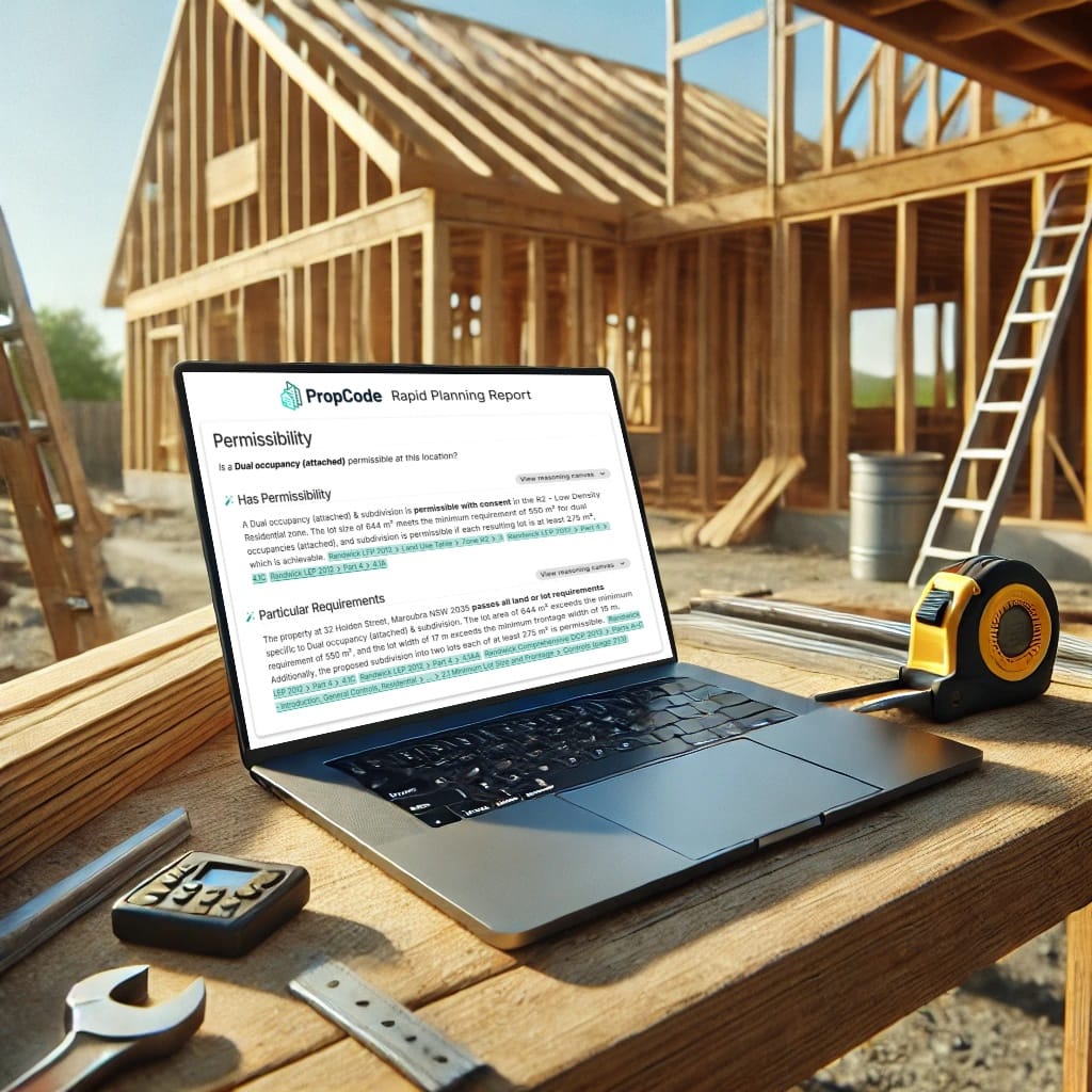PropCode Rapid Planning Report Tool. Laptop on wooden counter on construction site, open to PropCode Planning Report website. 