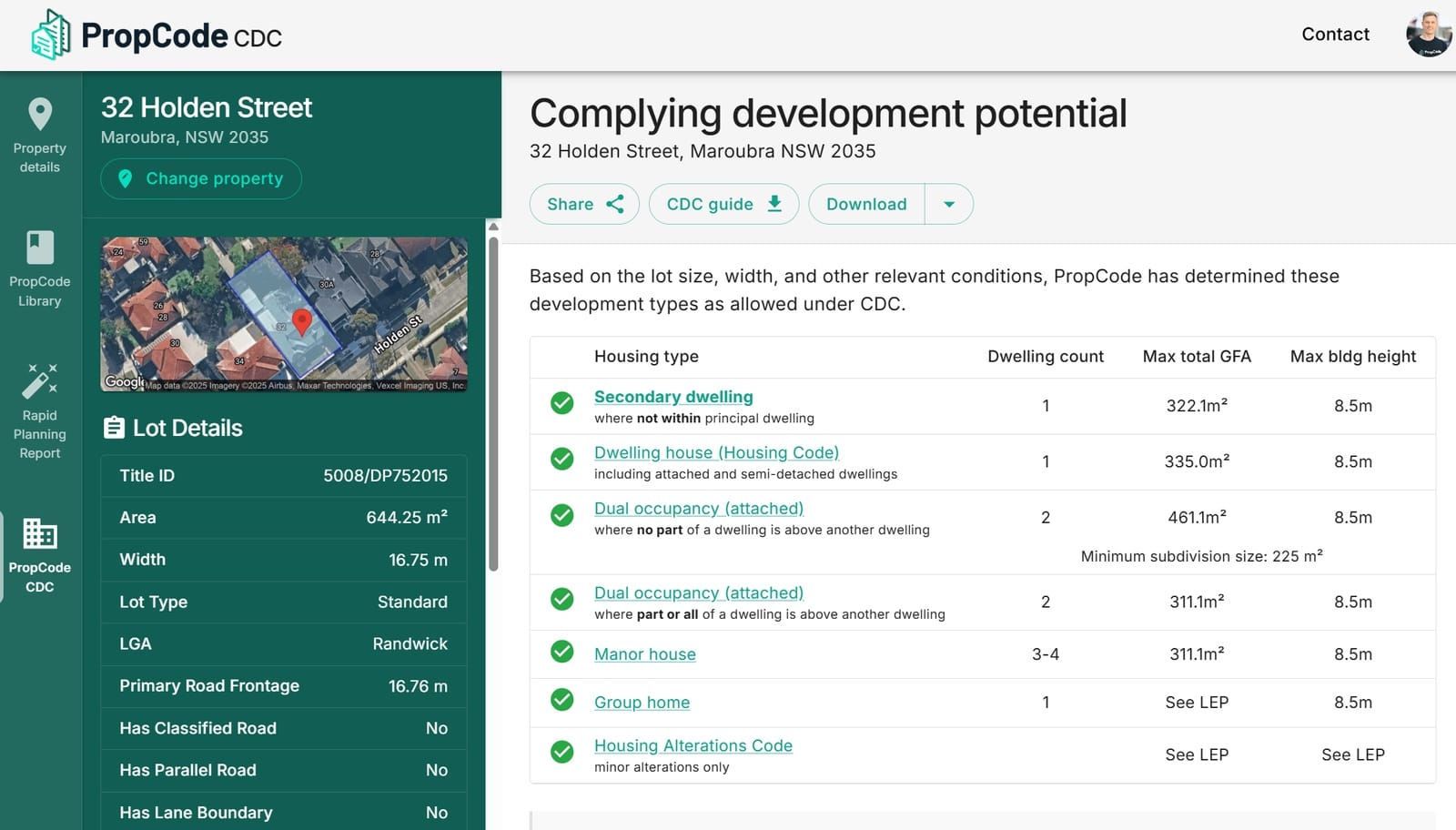 PropCode CDC. Green panel to left discussing lot details of 32 Holden Street, with white panel to the right detailing Complying Development Potential.