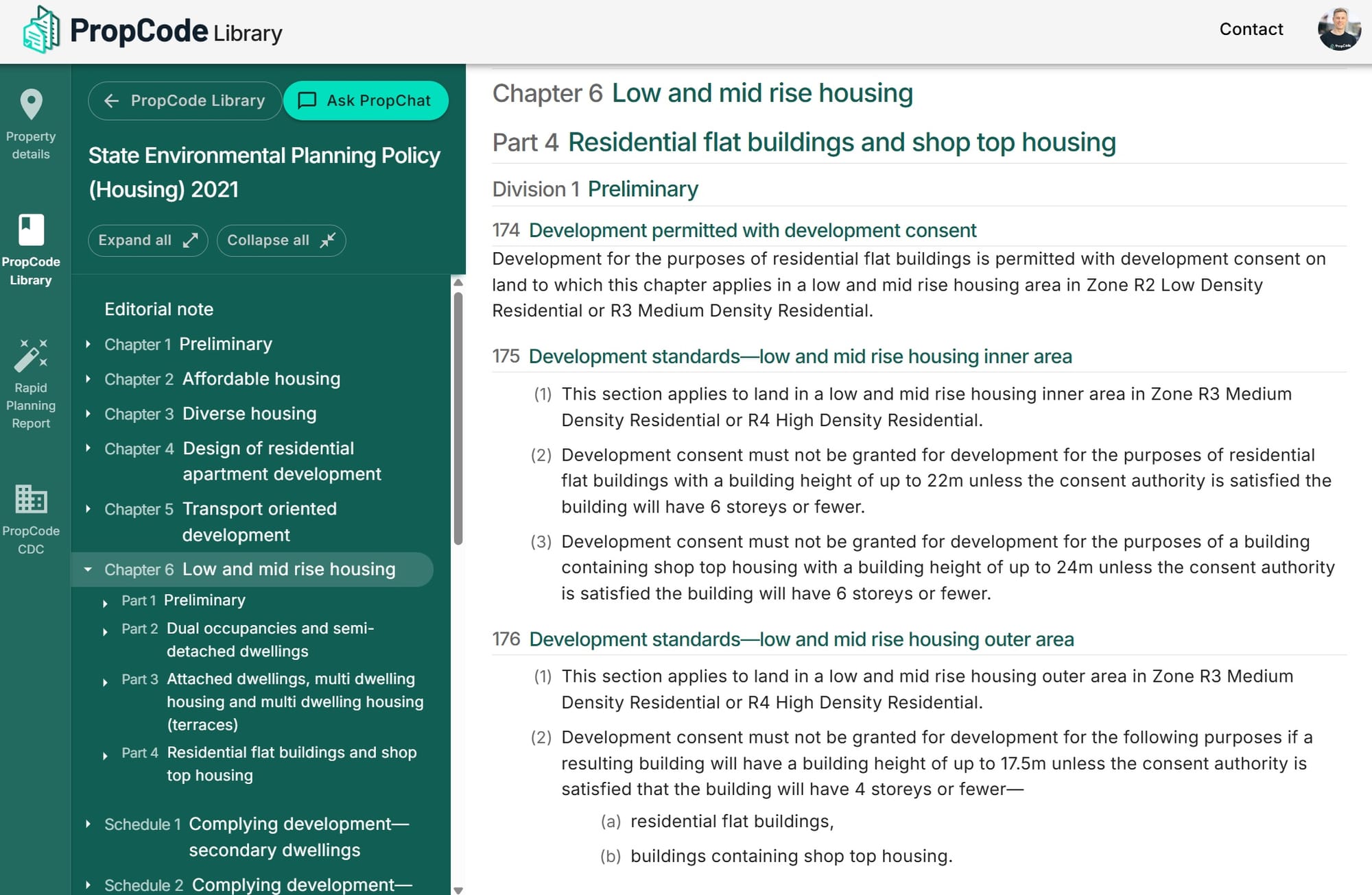 PropCode Library. Green panel to left indicating different chapters of a planning report, with a white screen on the right detailing various planning considerations. 