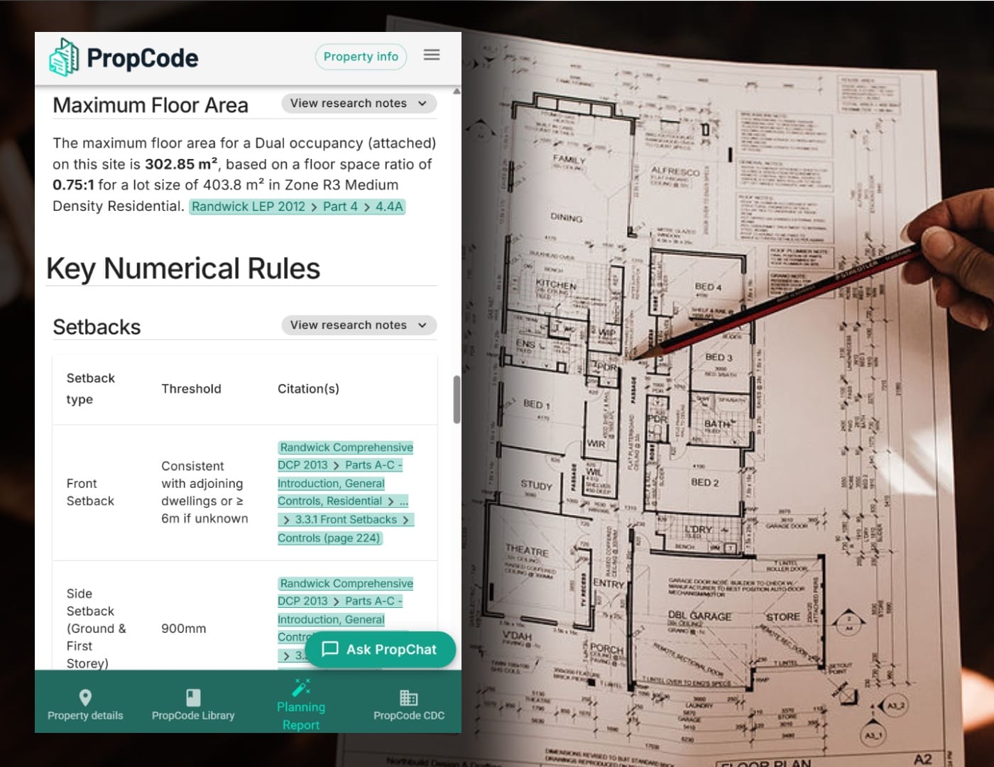 PropCode Rapid Planning Report Tool. Report Tool on the left specifying details on maximum floor area and setbacks, with an image of a pencil hovering over a paper floorplan on the right.