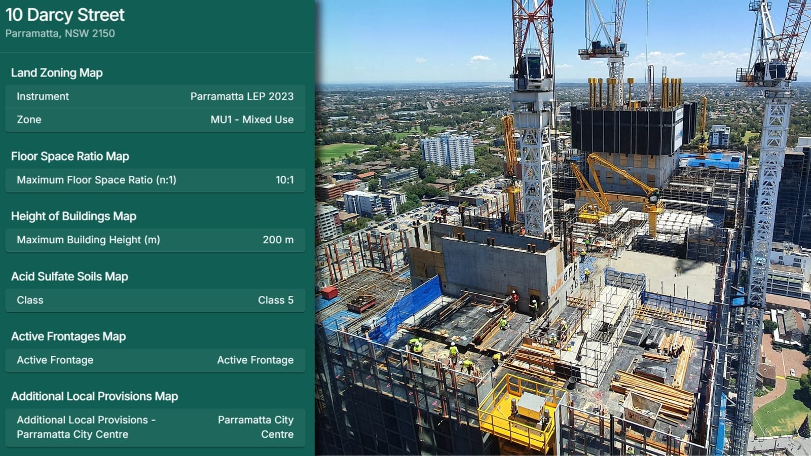 PropCode Rapid Planning Report Tool. Planning report details on the left in green with an aerial image of a high-rise construction site in the inner-city on the left.