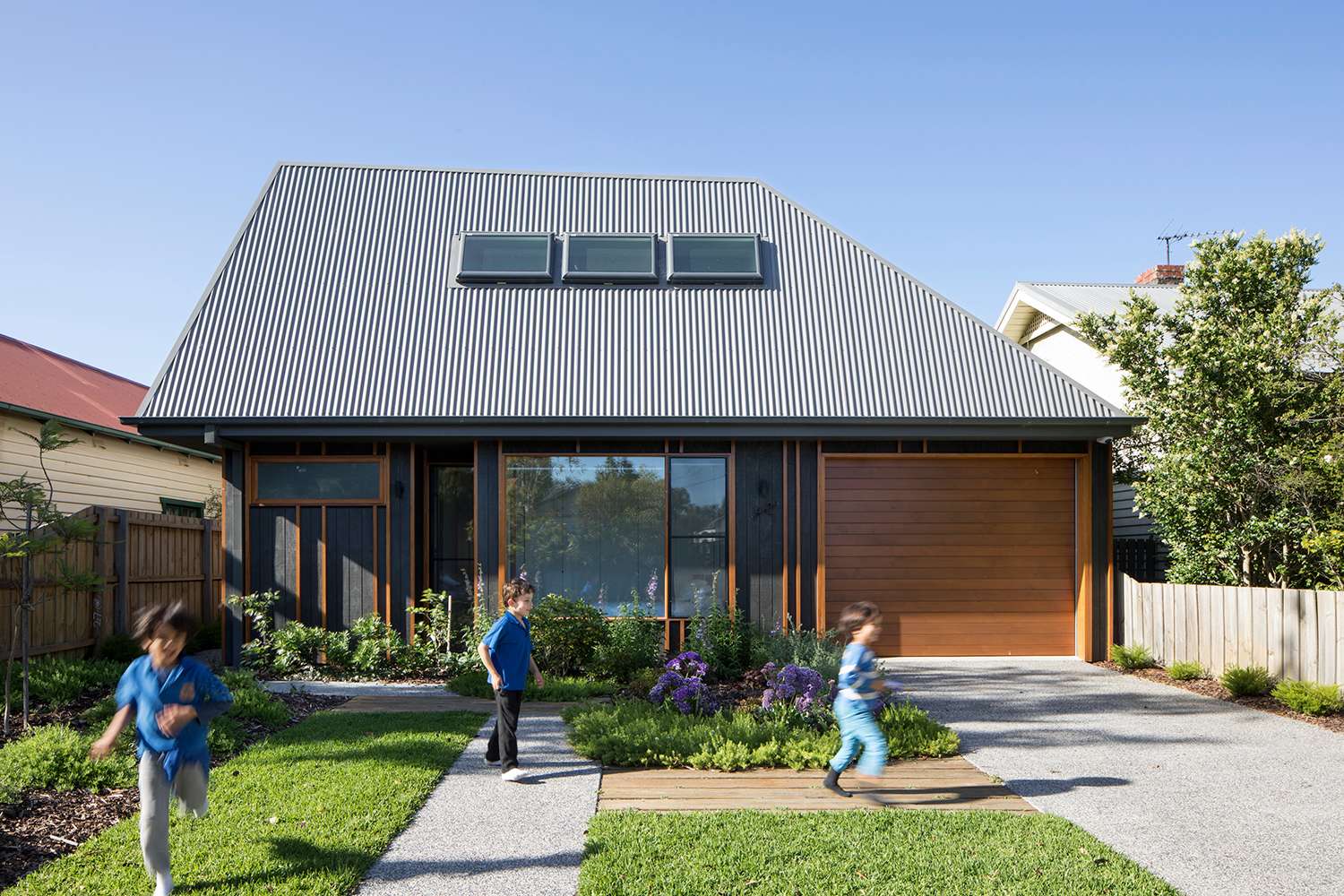 An exterior view of the entry to Blackwood by Sarah Waller Architecture showing a small dog run up concrete steps.