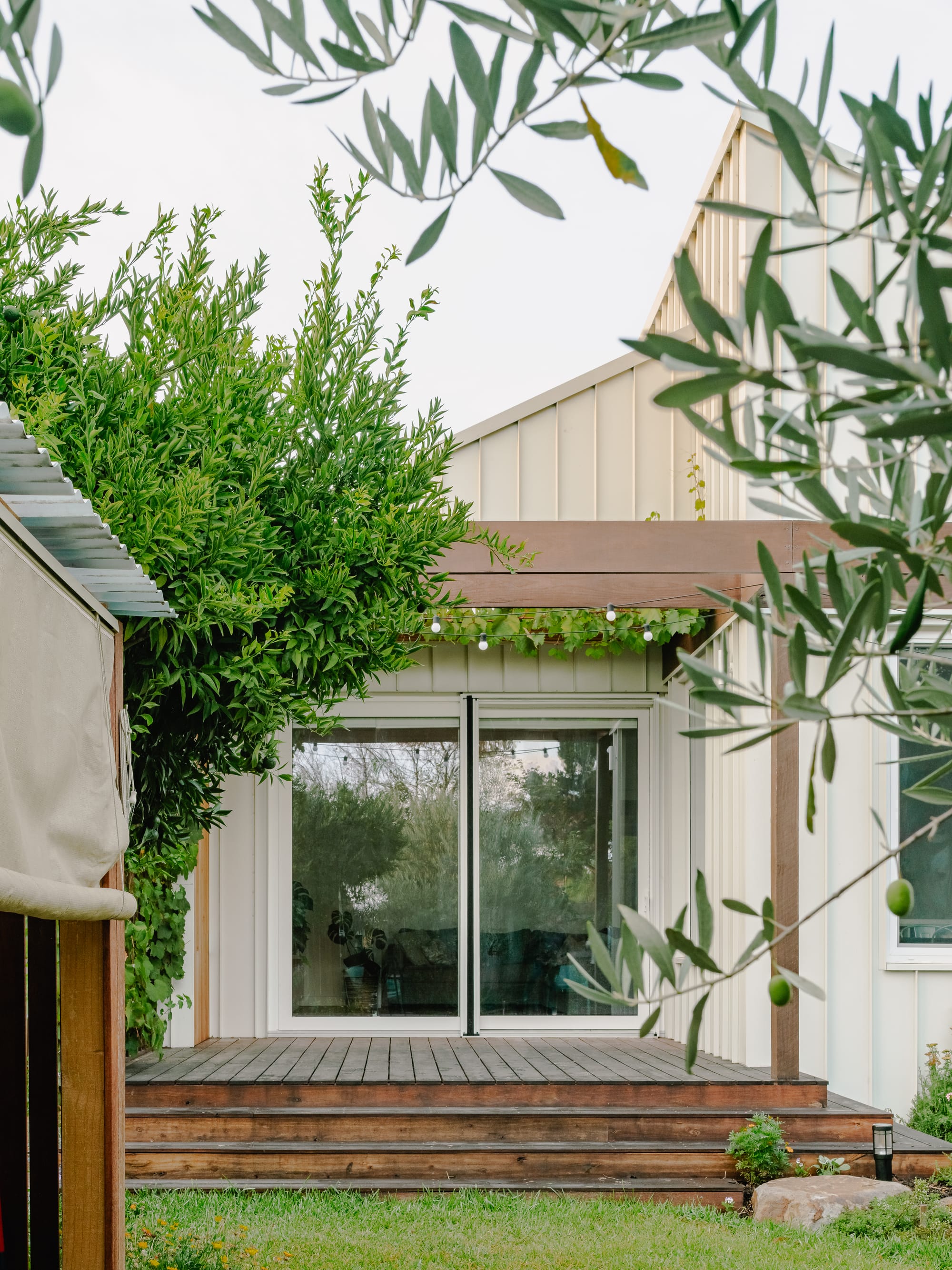 House in Preston by Ashley O'Neill Architects. Photography by Victor Vieaux. View from garden up to undercover timber porch with pergola shading, which has vines growing over it. Home features large sliding glass doors inside and is clad in metal in cream finish. 