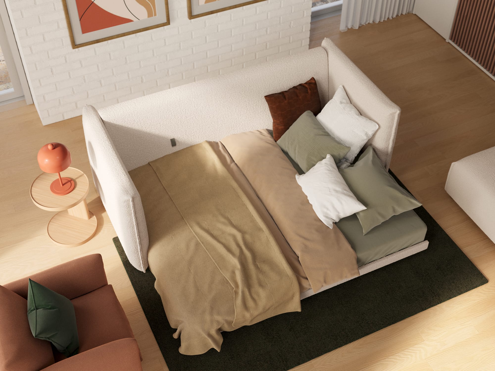 Byron Sofa Bed in Ocean Salt by Koala. White boucle fold out sofa bed with neutral toned bedding, timber flooring and white brick walls in the space and a terracotta armchair.