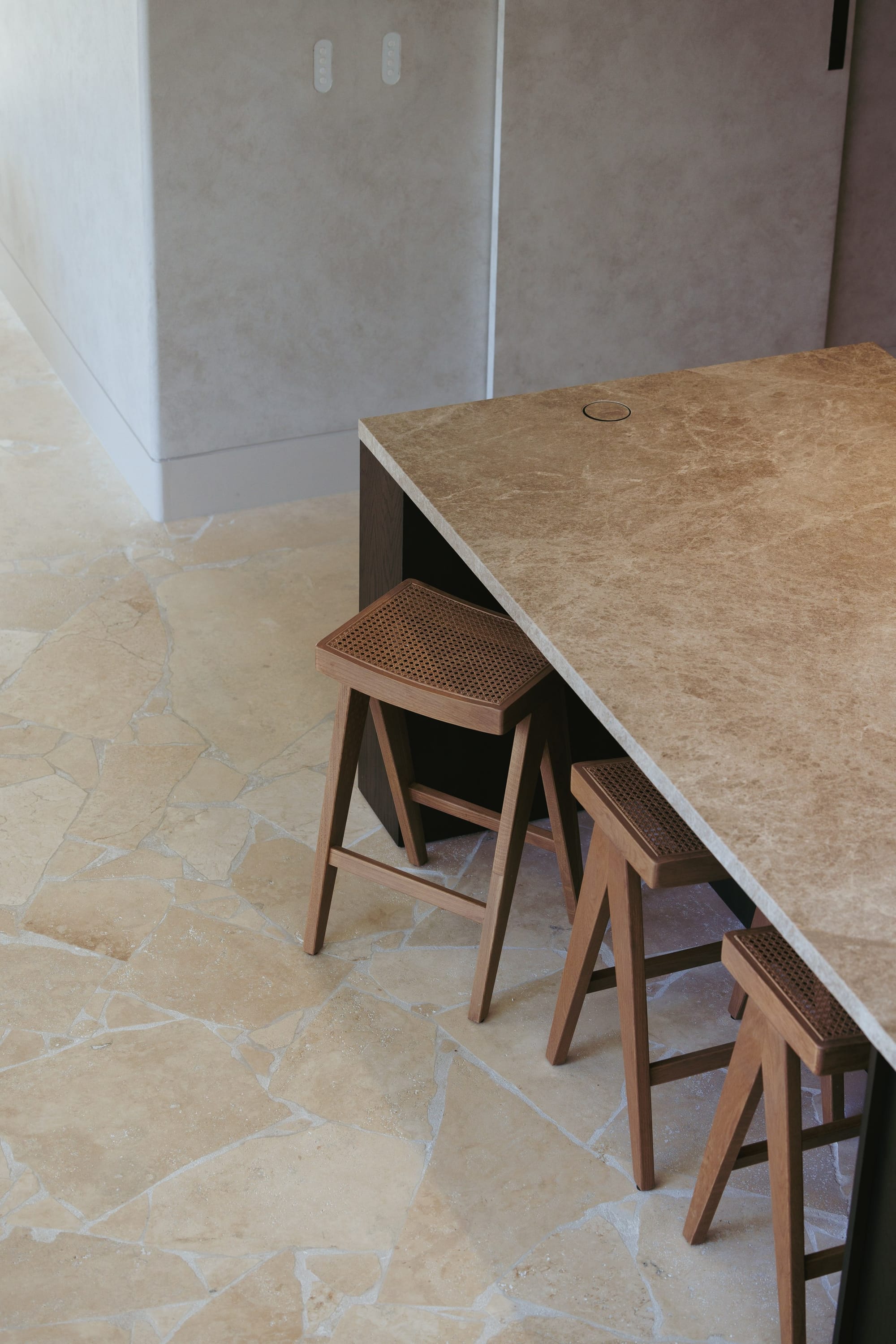 Little Birch by buck&simple. Photography by Tim Pascoe. Crazy paving floor with a glimpse of the kitchen island.