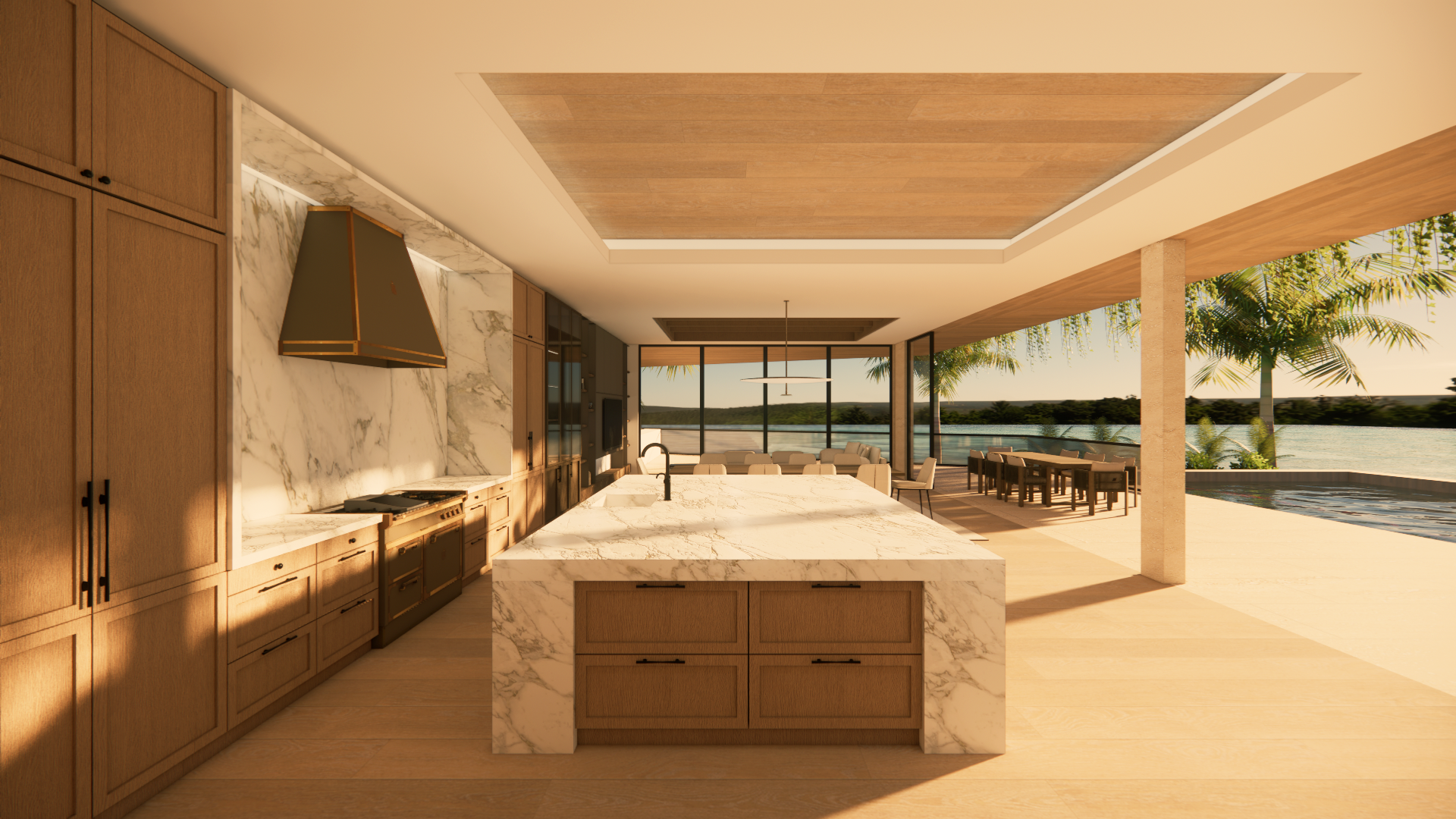 Lake House by Studio MDM showing the kitchen, dining and outdoor areas.