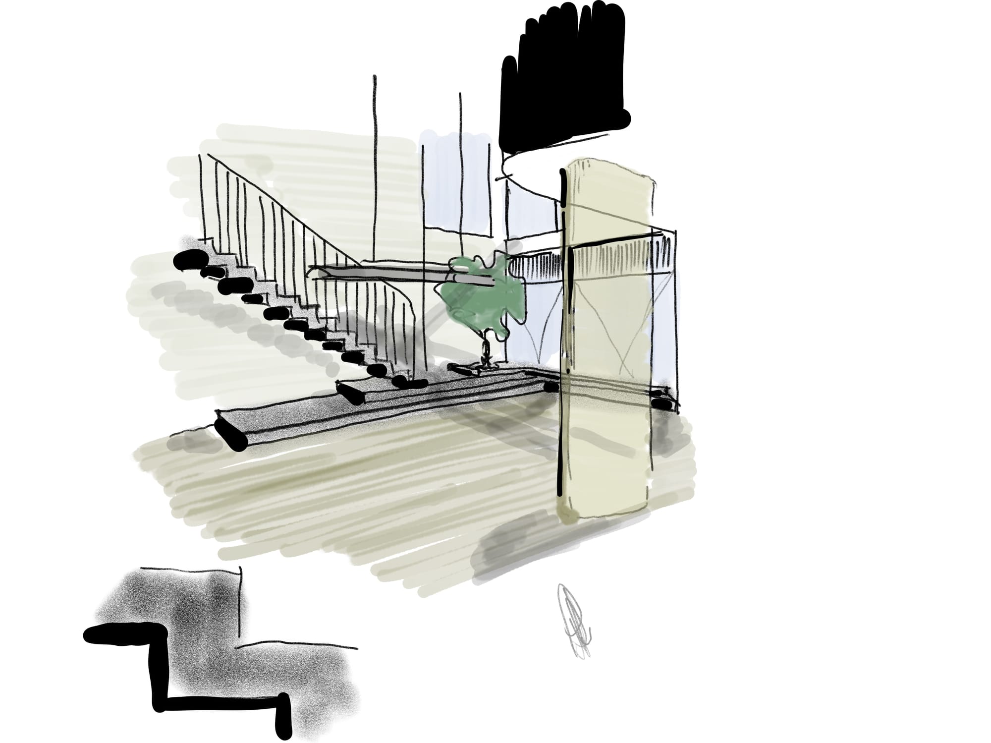 Little Birch sketch by buck&simple. Sketch of staircase leading down to tiered, open-plan space with planted tree.