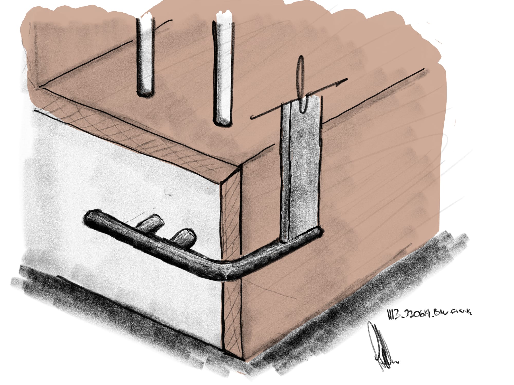 Little Birch sketch by buck&simple. Detail sketch showing black metal connecting to the concrete inner of a staircase with a timber stepper. 