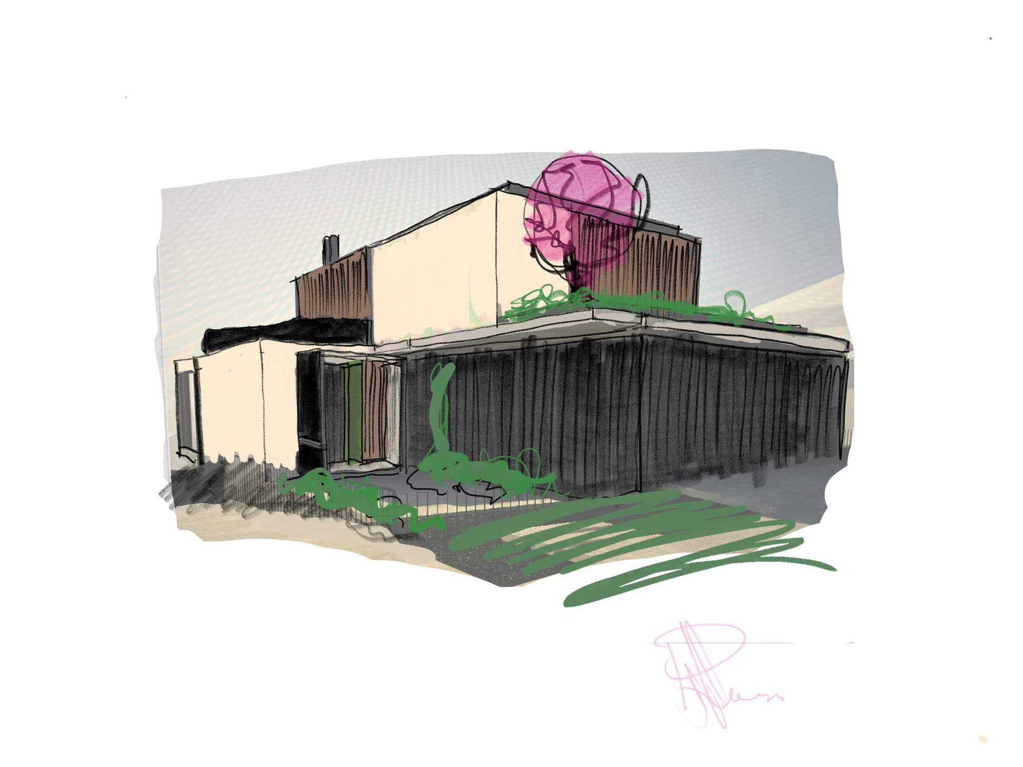 Little Birch sketch by buck&simple. Sketch of facade of two story home with dark timber wall clad, concrete walkways and lots of greenery.