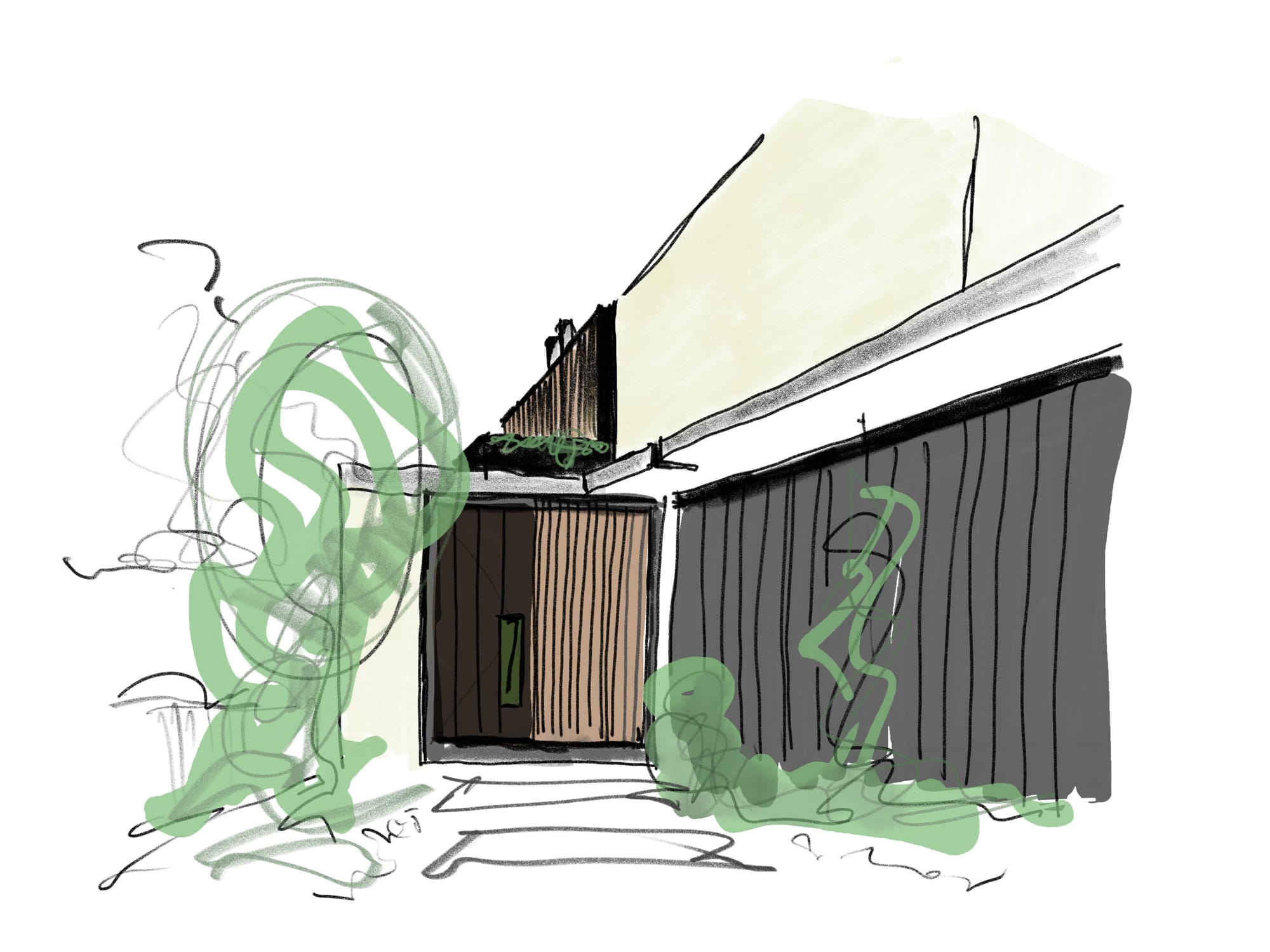 Little Birch sketch by buck&simple. Sketch of entrance to home with timber door, black walls and lots of greenery.
