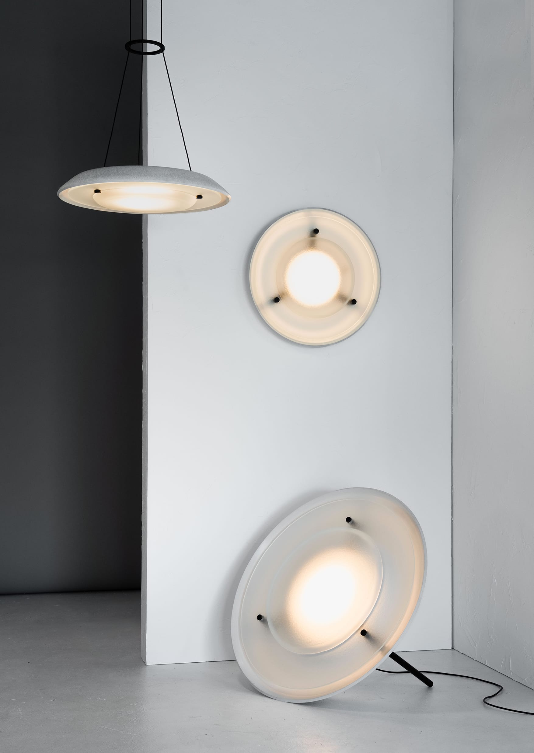 Husk Collection By South Drawn. Photography by Reannon Smith. The Husk Collection is shown in pendant, wall and floor variations, highlighting its sculptural form and soft, diffused glow.