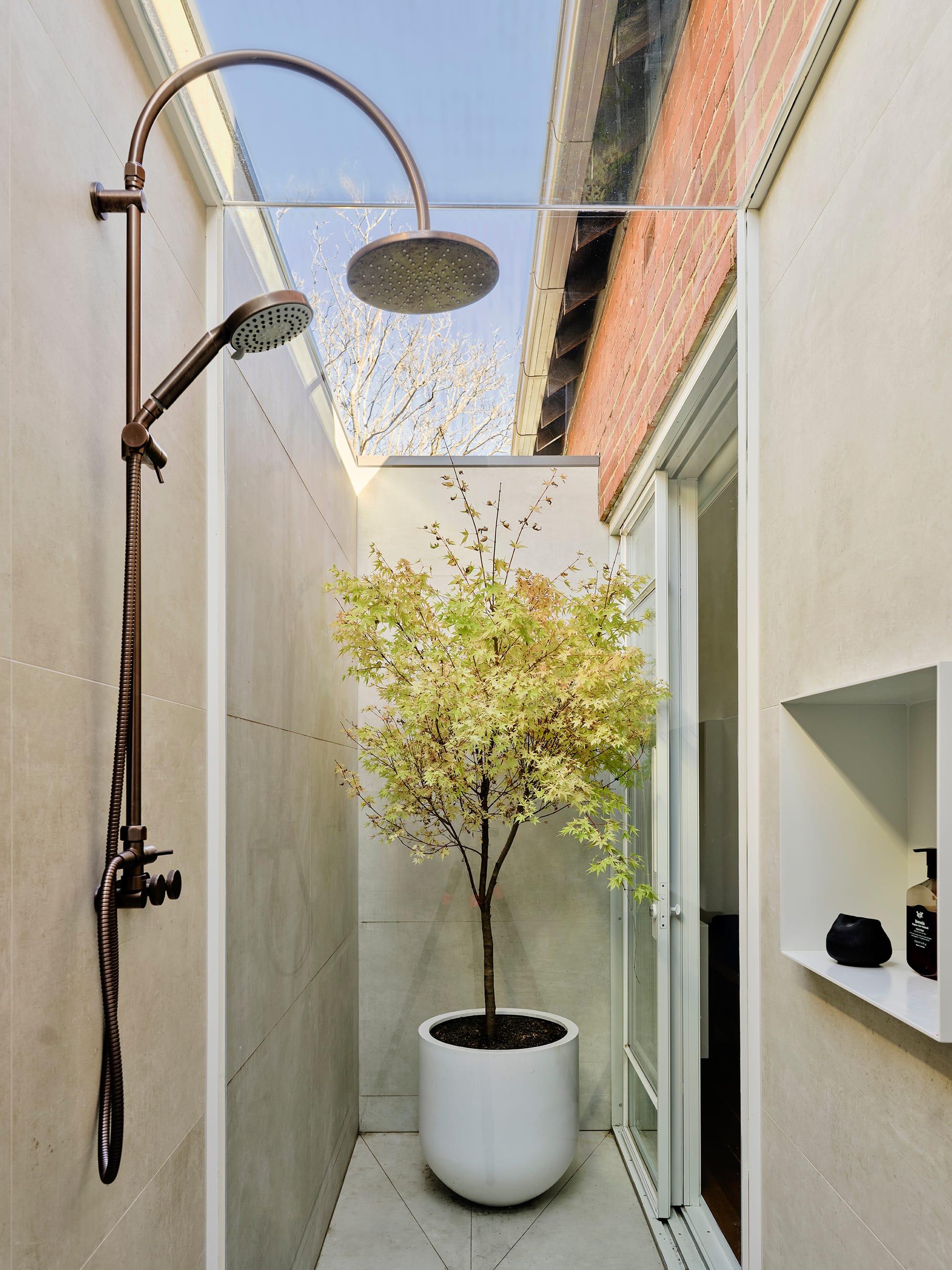Salmon House by True Story. Photography by Dean Bradley. Indoor-outdoor shower with a clear roof and potted maple, blending nature with elegant restraint.