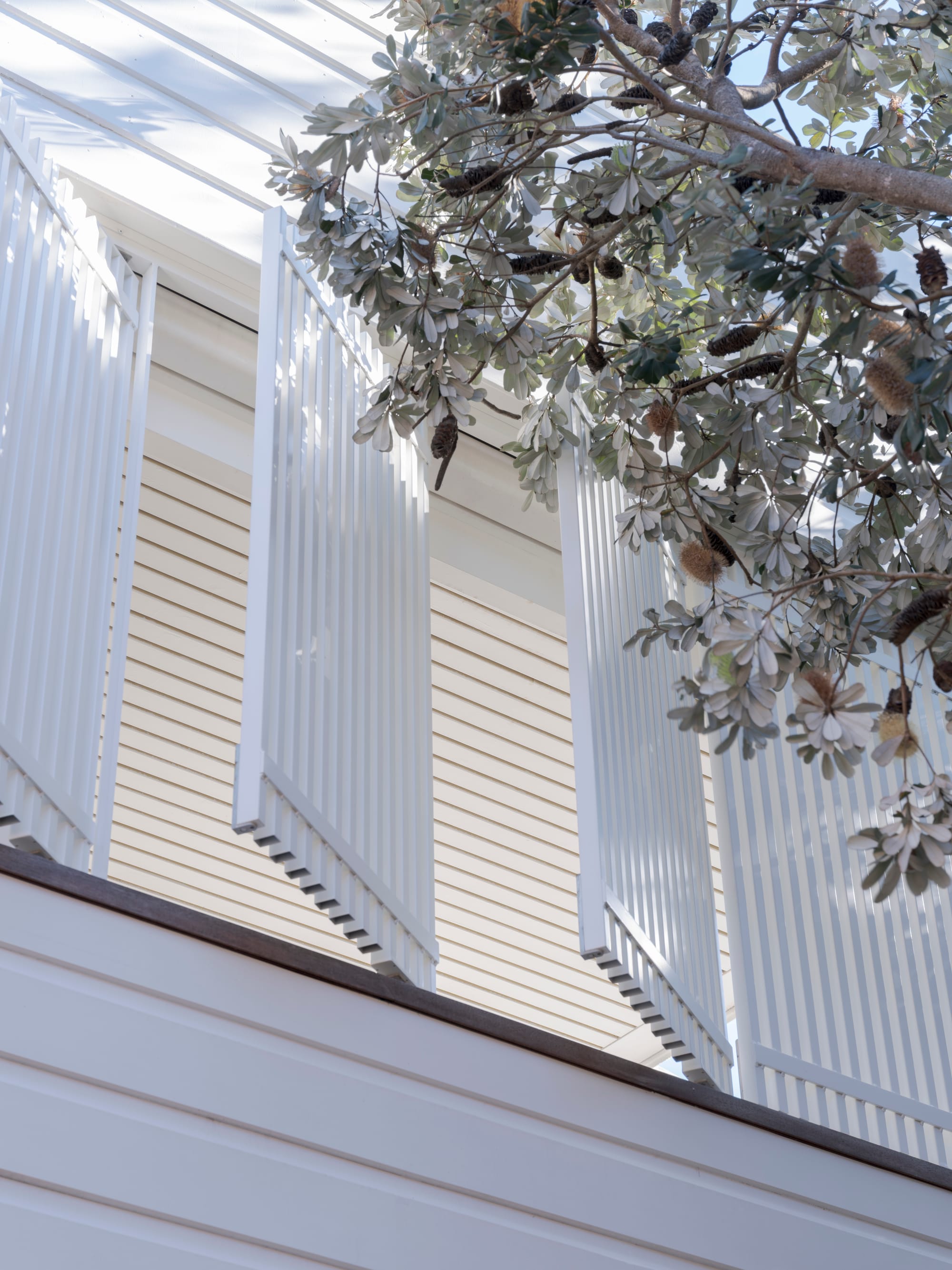 Three Points House by BIJL Architecture. Photography by Tom Ferguson.Angled view of white vertical louvre screens filtering light onto a timber-clad facade, with native tree branches in the foreground.