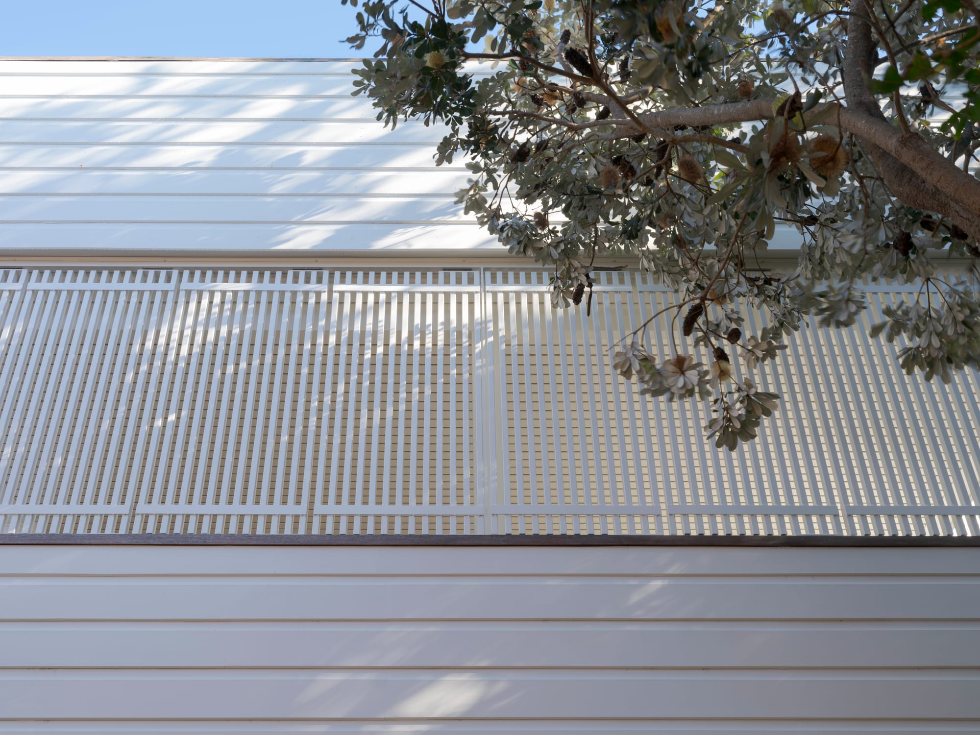 Three Points House by BIJL Architecture. Photography by Tom Ferguson. White slatted privacy screens along a modern facade, dappled with tree shadows. 